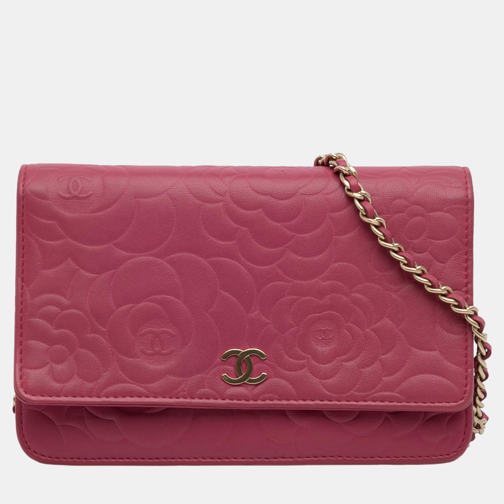 Chanel pink camellia wallet on chain