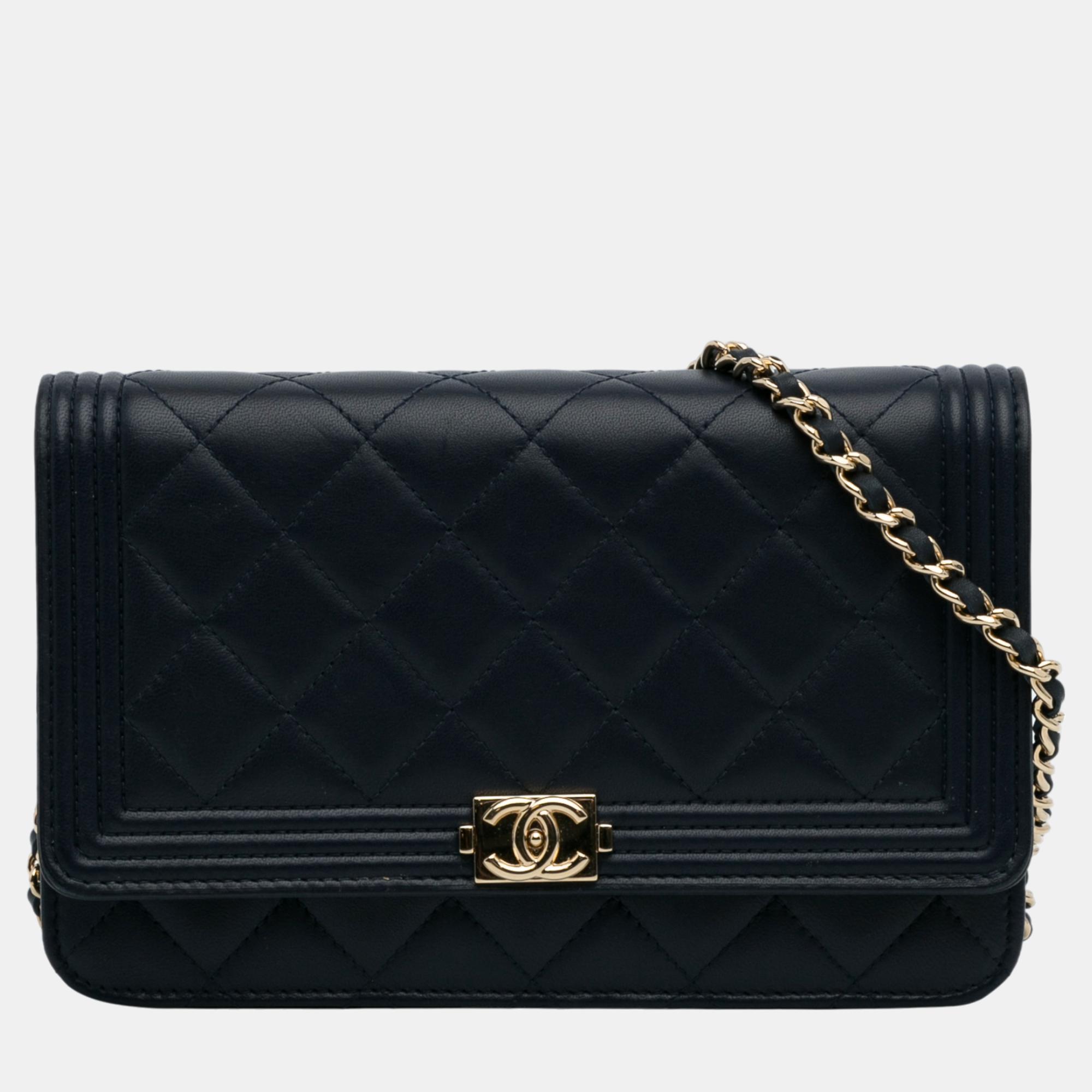 Chanel navy blue boy wallet on chain