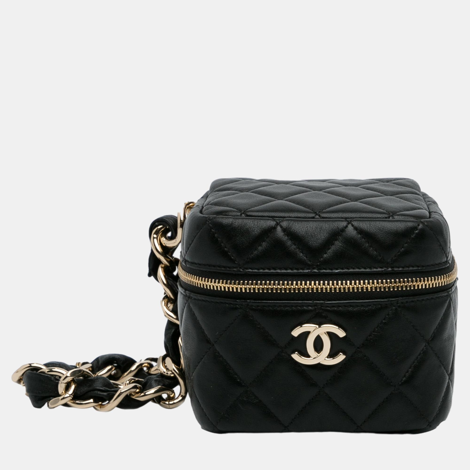 Chanel black quilted lambskin cube vanity bag