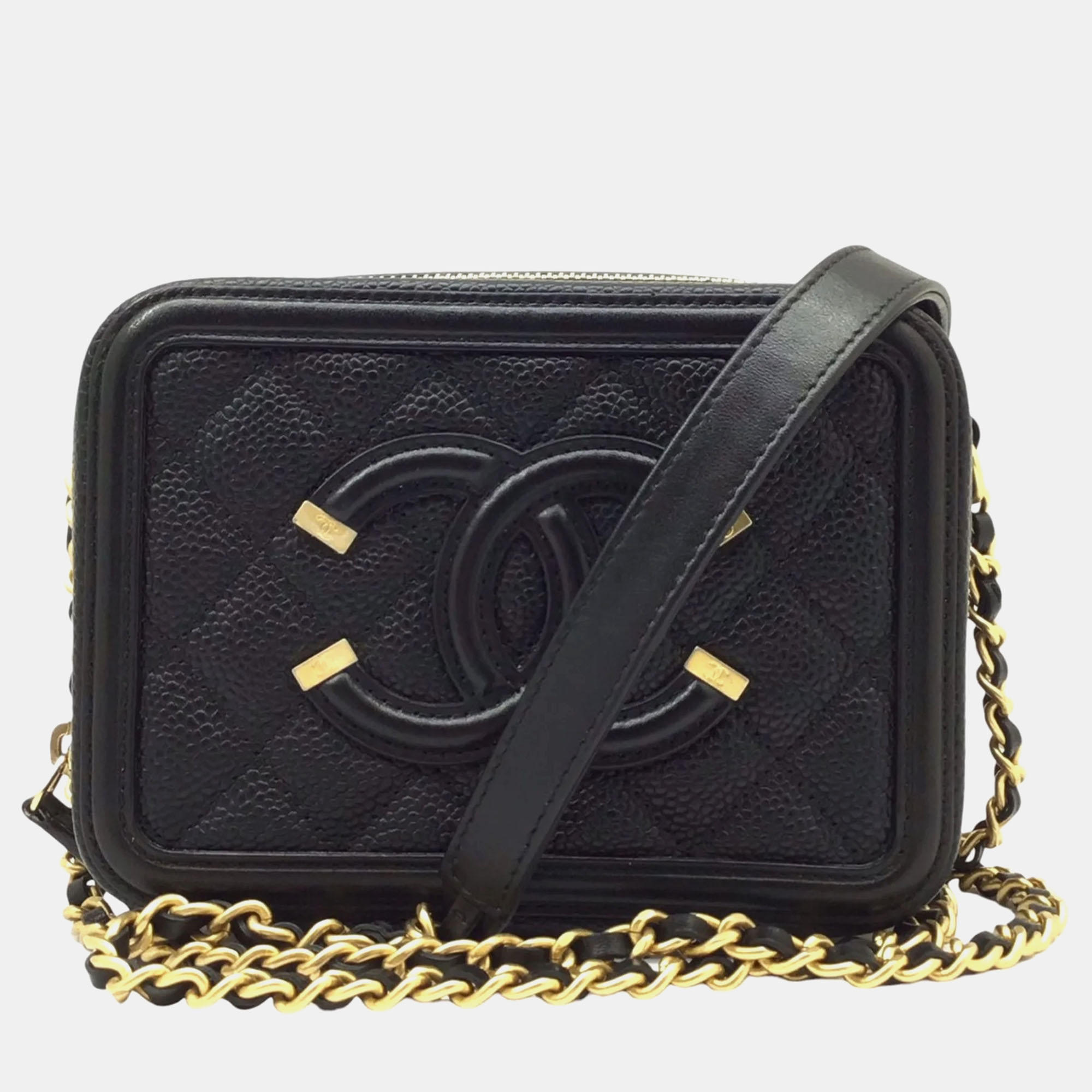 Chanel black leather small filigree shoulder bags