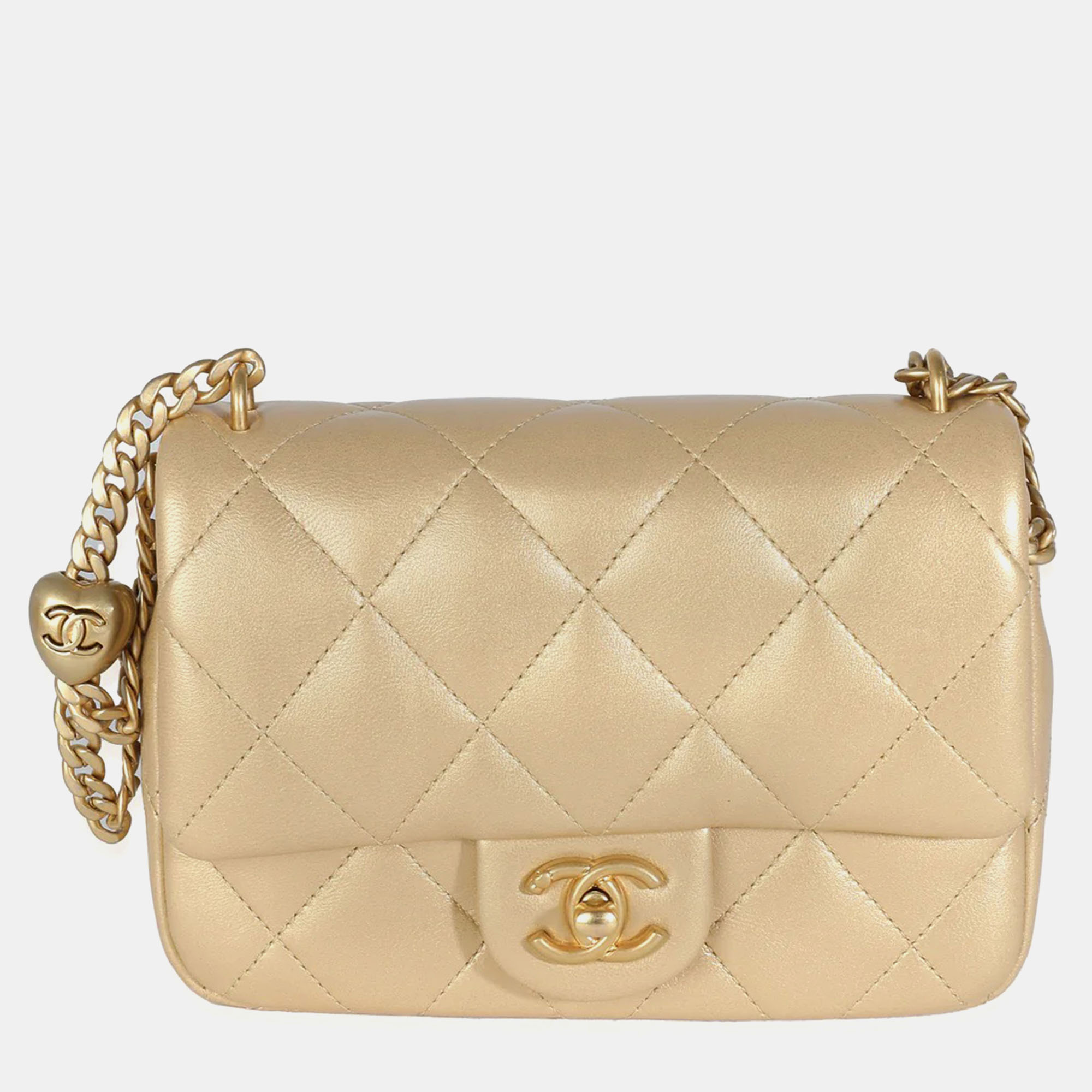 Chanel 23p gold quilted lambskin mini sweetheart flap bag