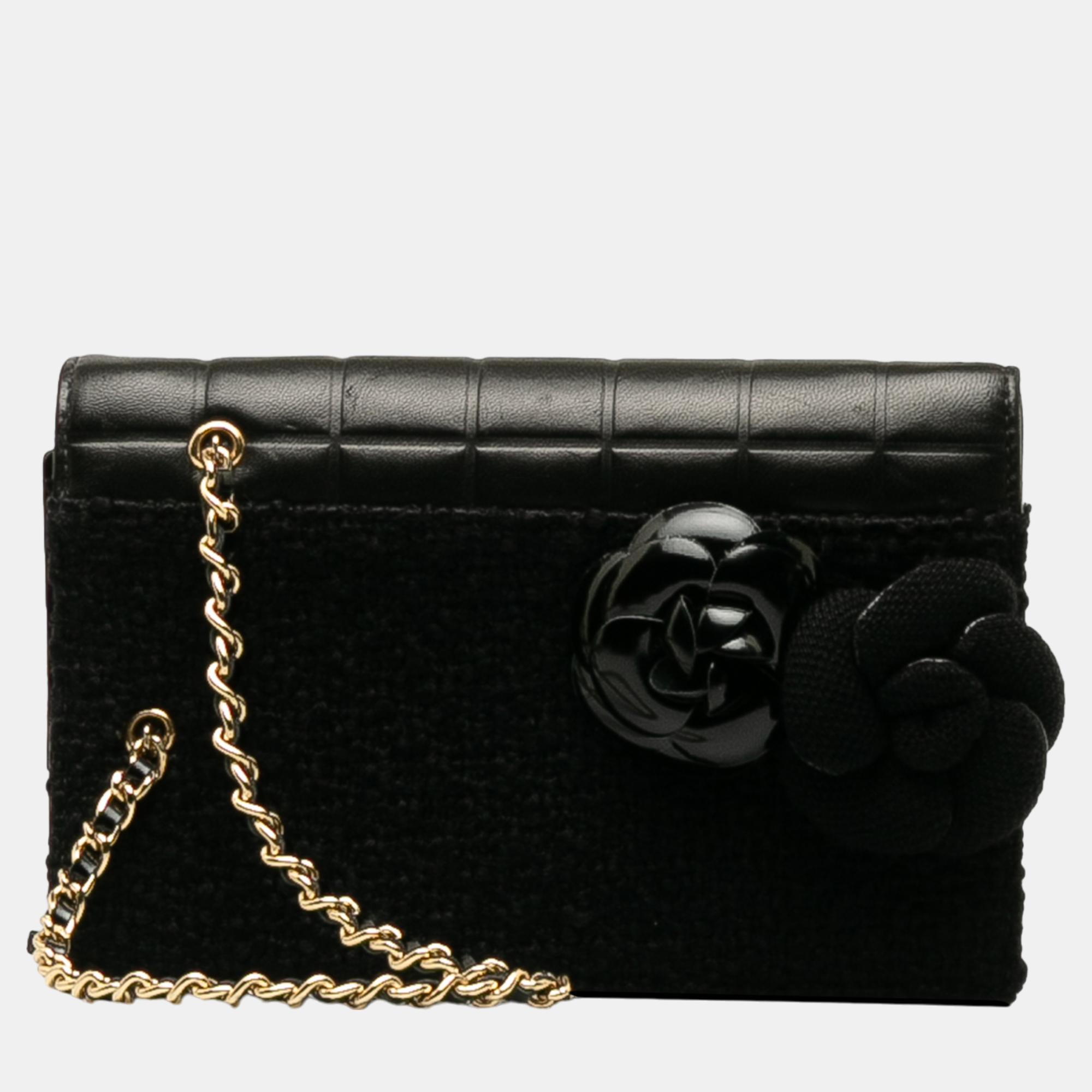 Chanel black tweed chocolate bar camellia clutch