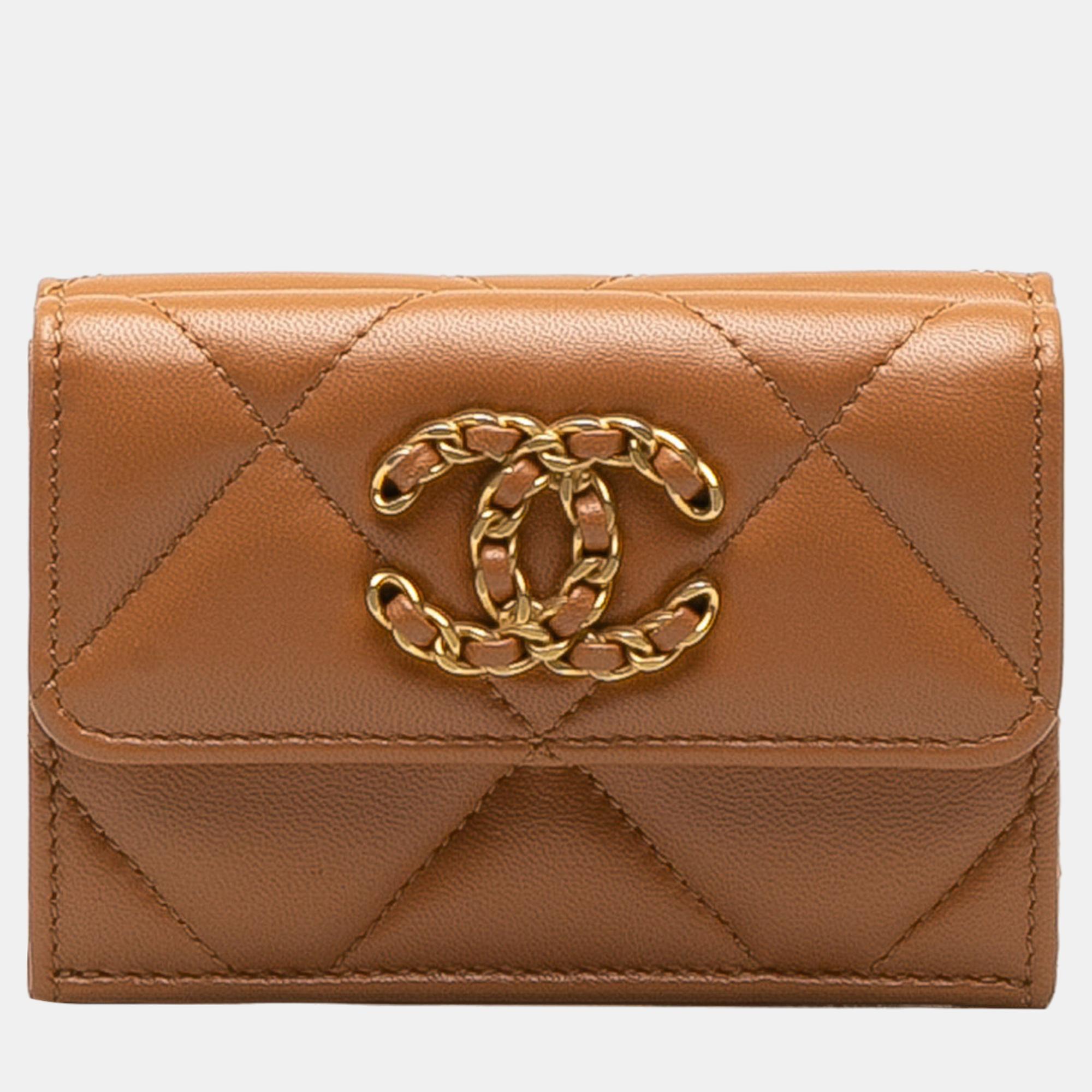 Chanel brown 19 trifold flap compact wallet