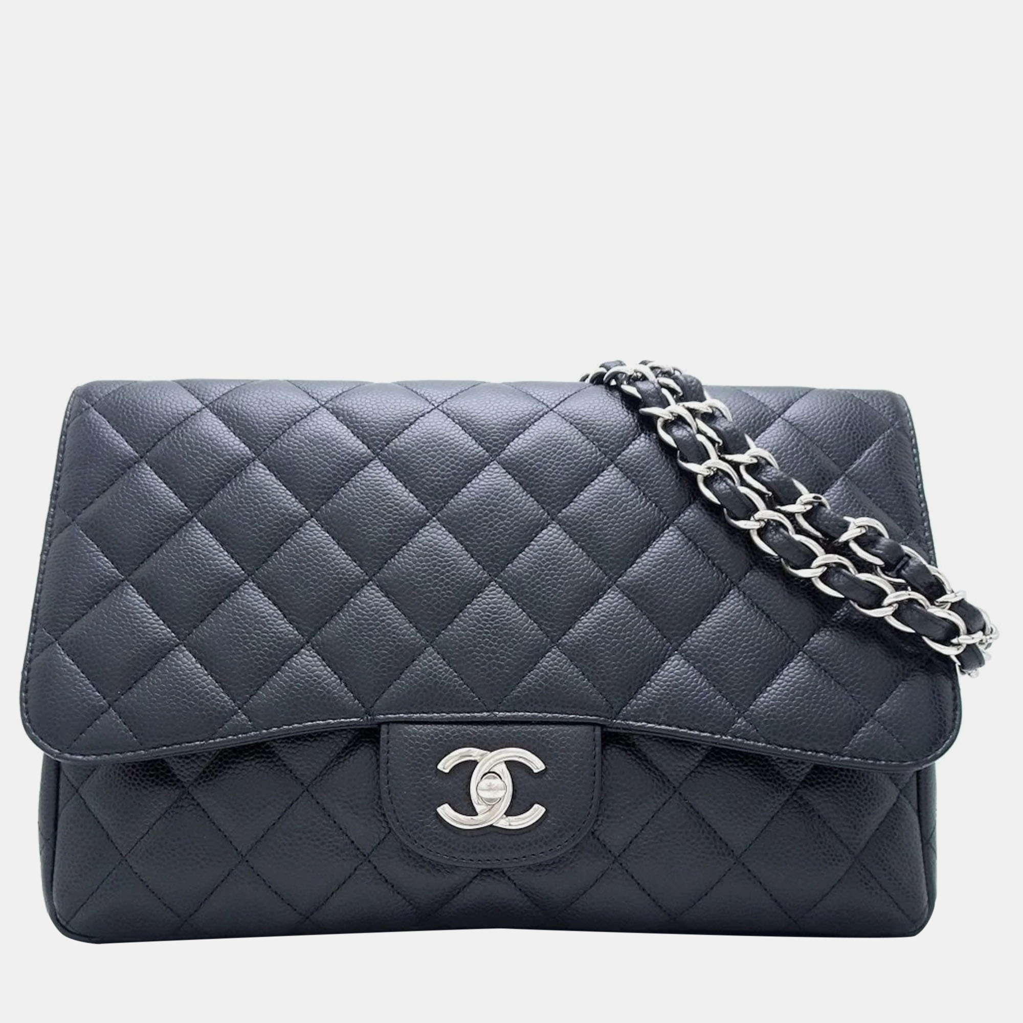 Chanel black caviar leather large classic single flap shoulder bags