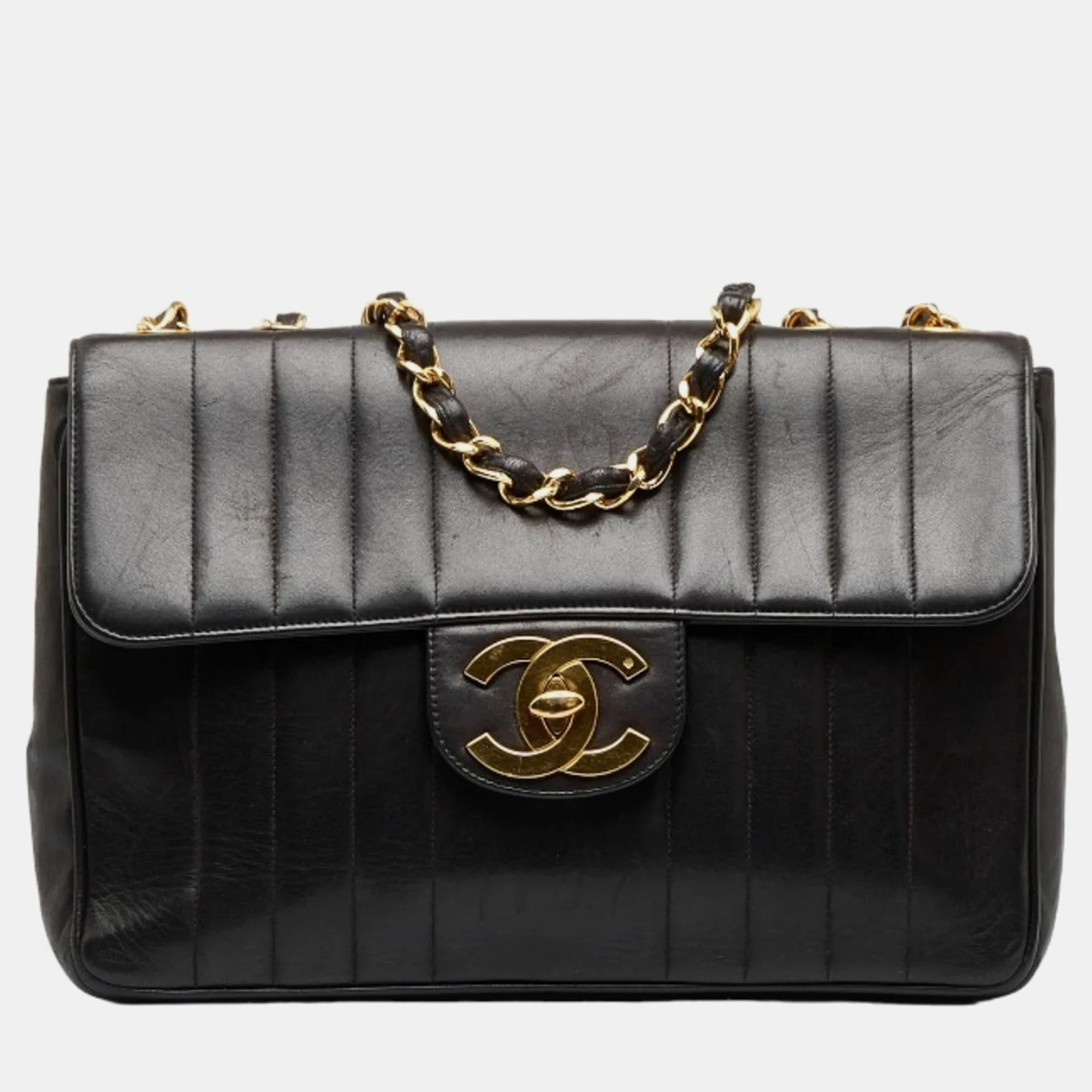Chanel black vertical stitch lambskin leather jumbo single flap bag