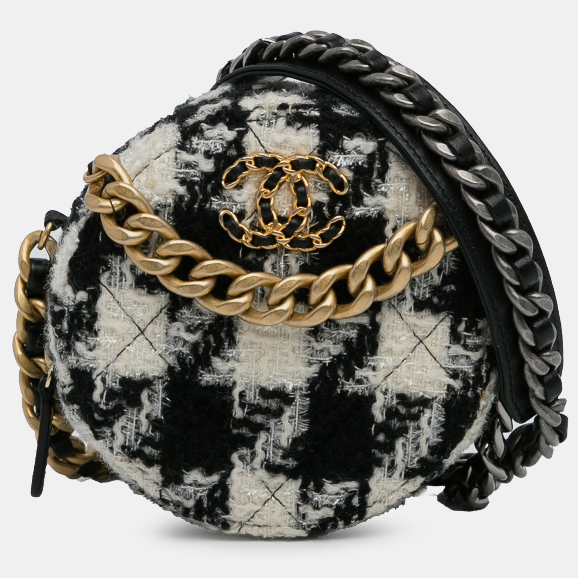 Chanel round tweed 19 clutch with chain and lambskin coin purse