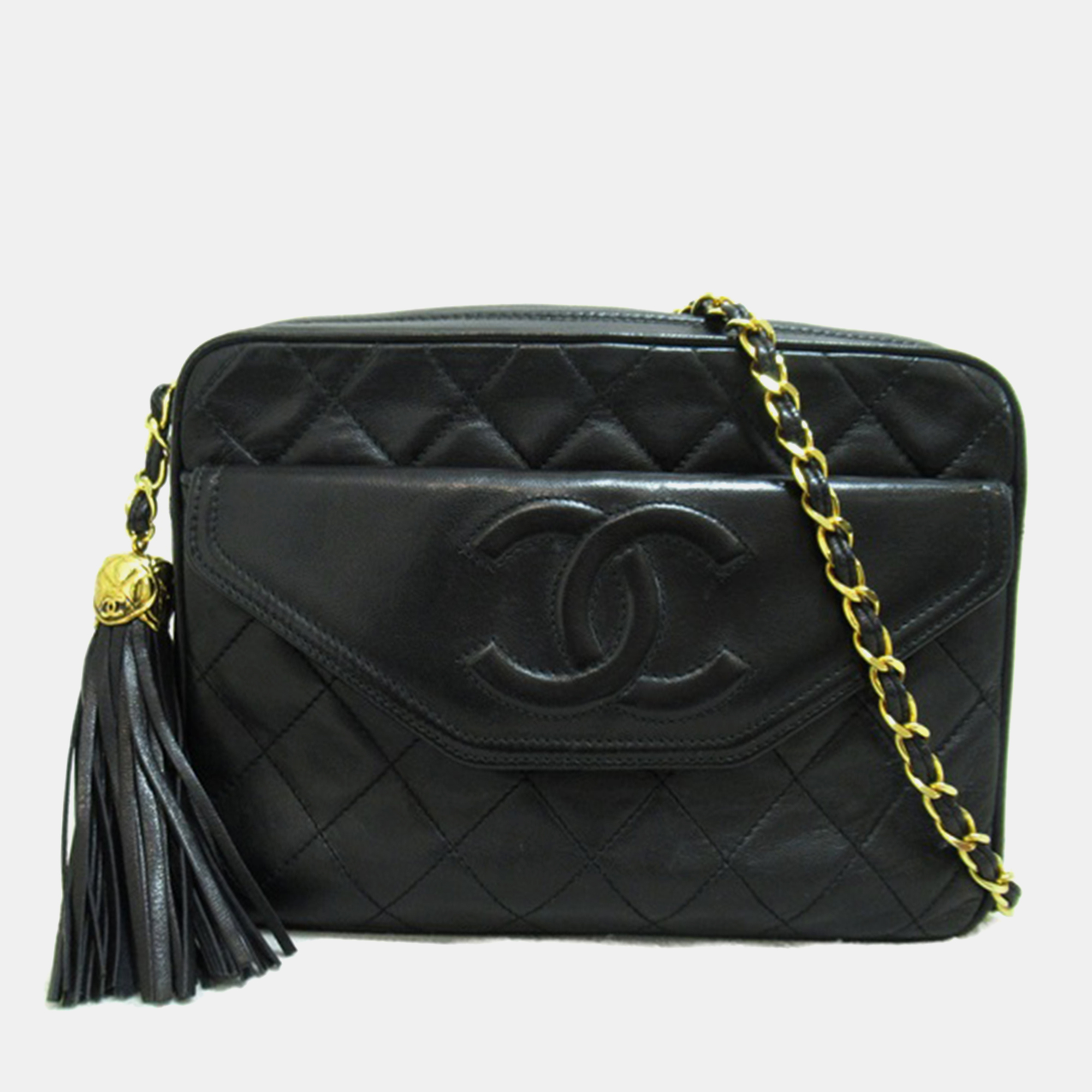 Chanel black leather quilted cc camera bag