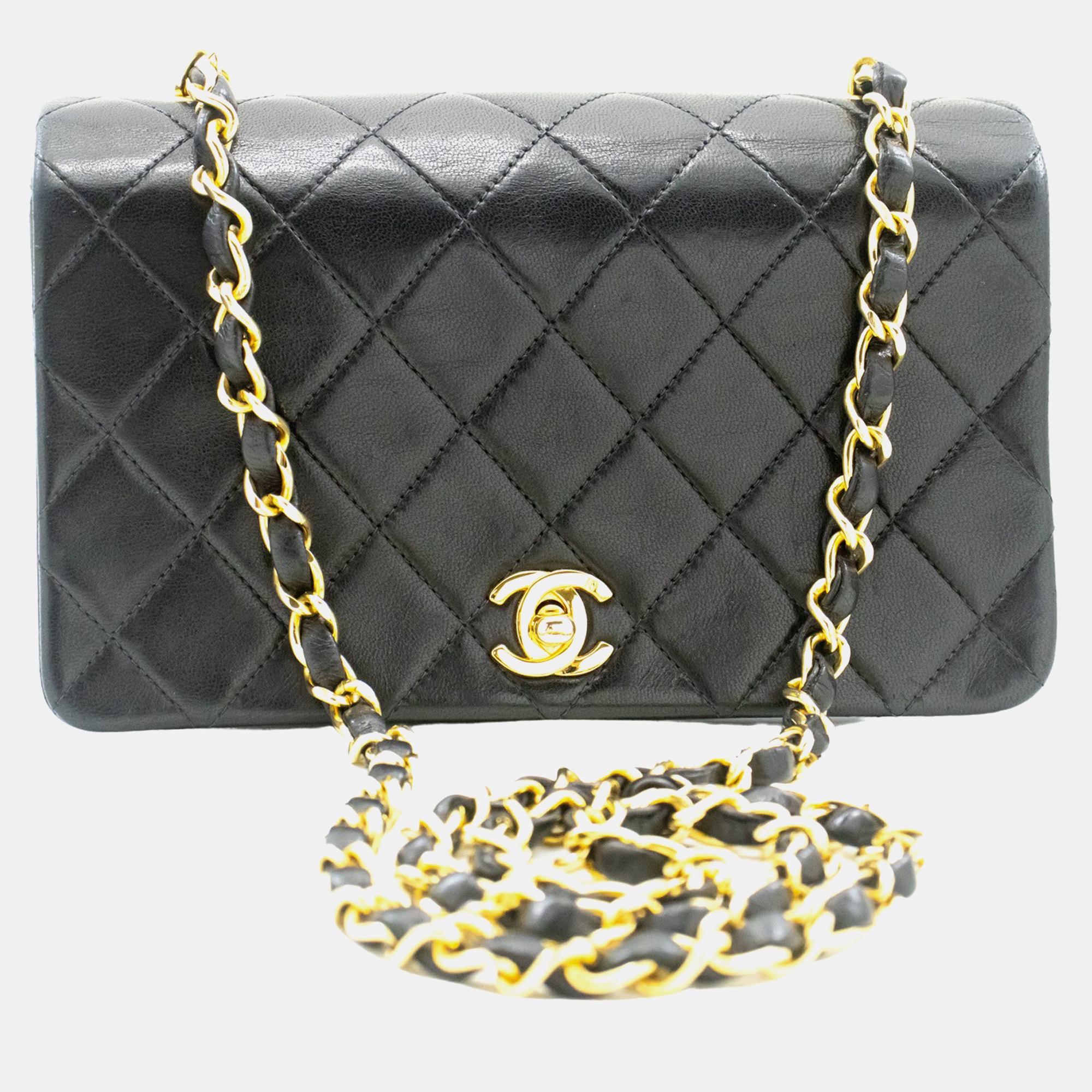 Chanel black quilted lambskin leather full single flap bag