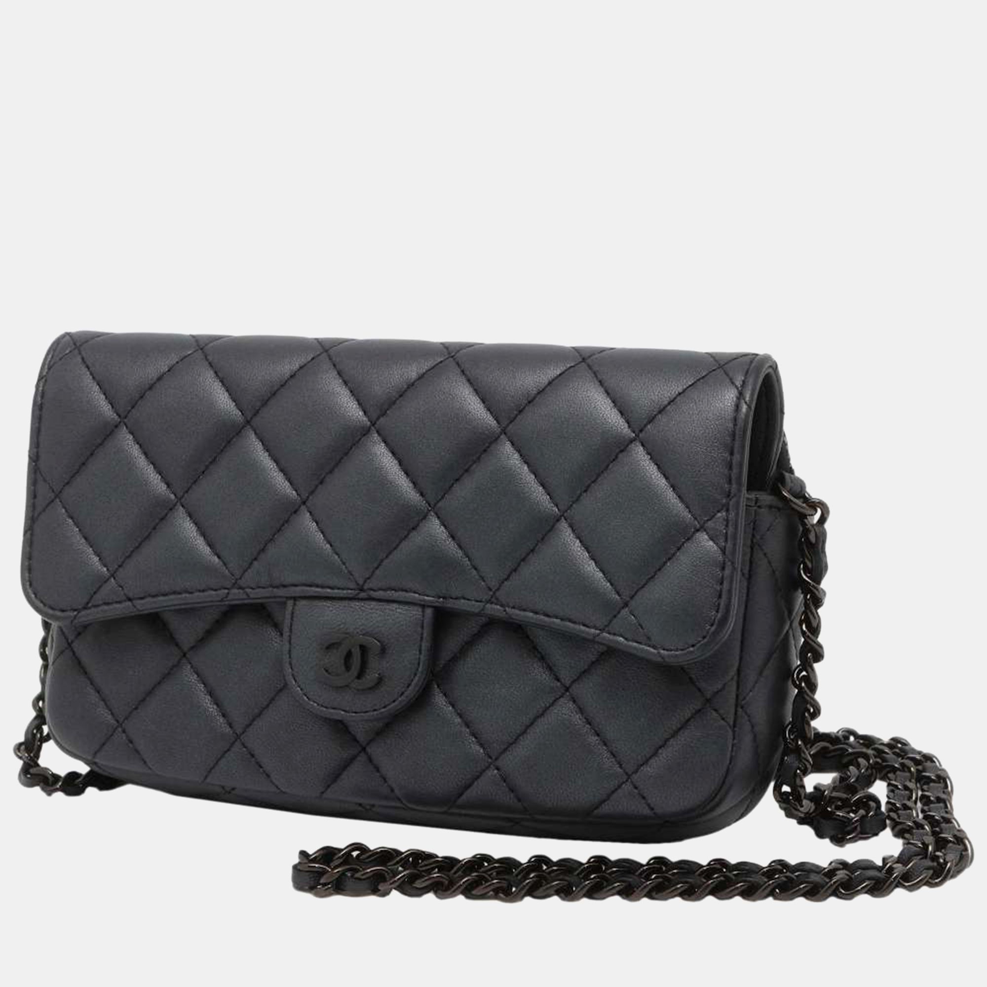 Chanel black leather classic flap phone holder w/chain