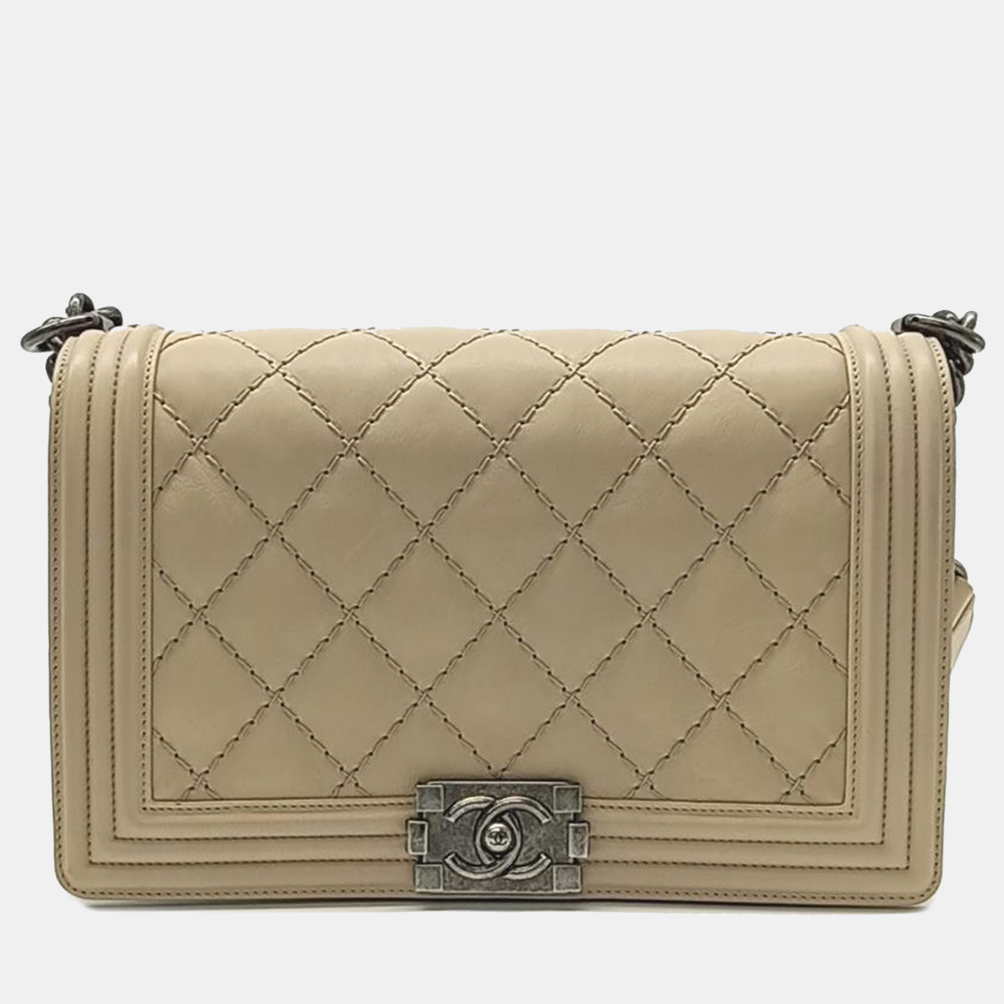 Chanel beige leather medium stitch boy bag