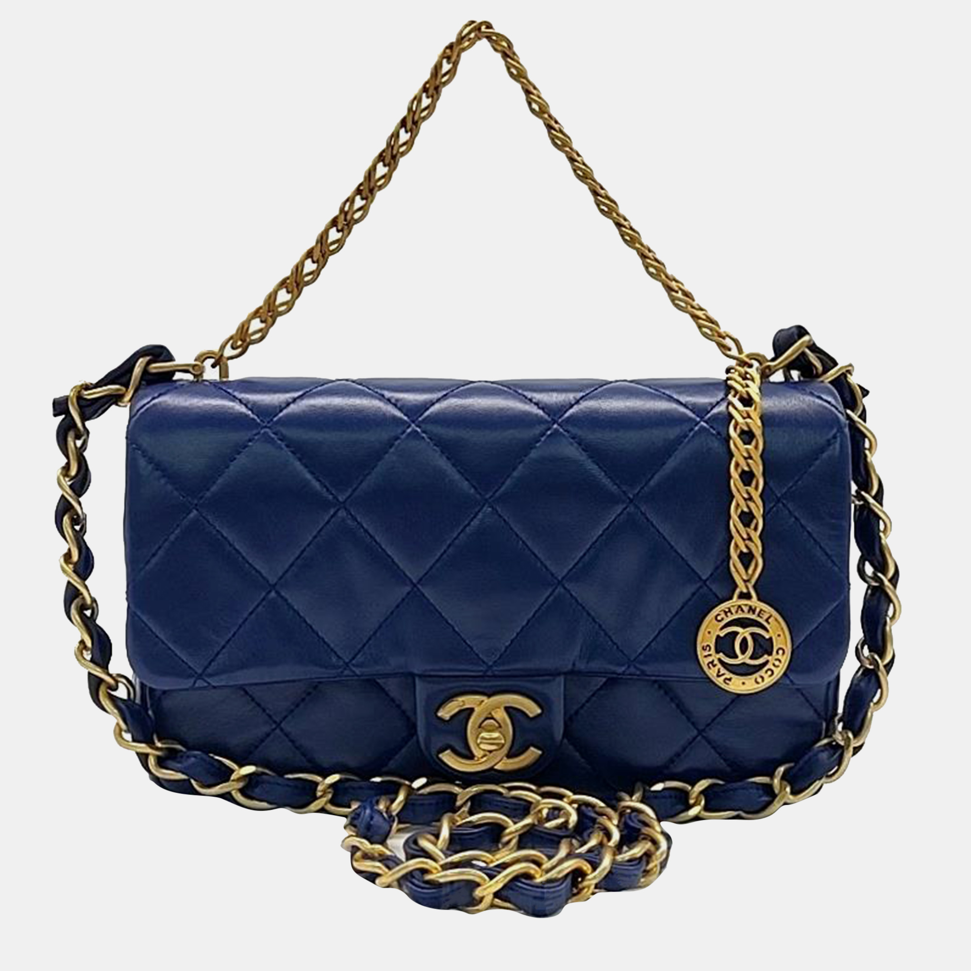 Chanel navy blue leather coin chain flap bag