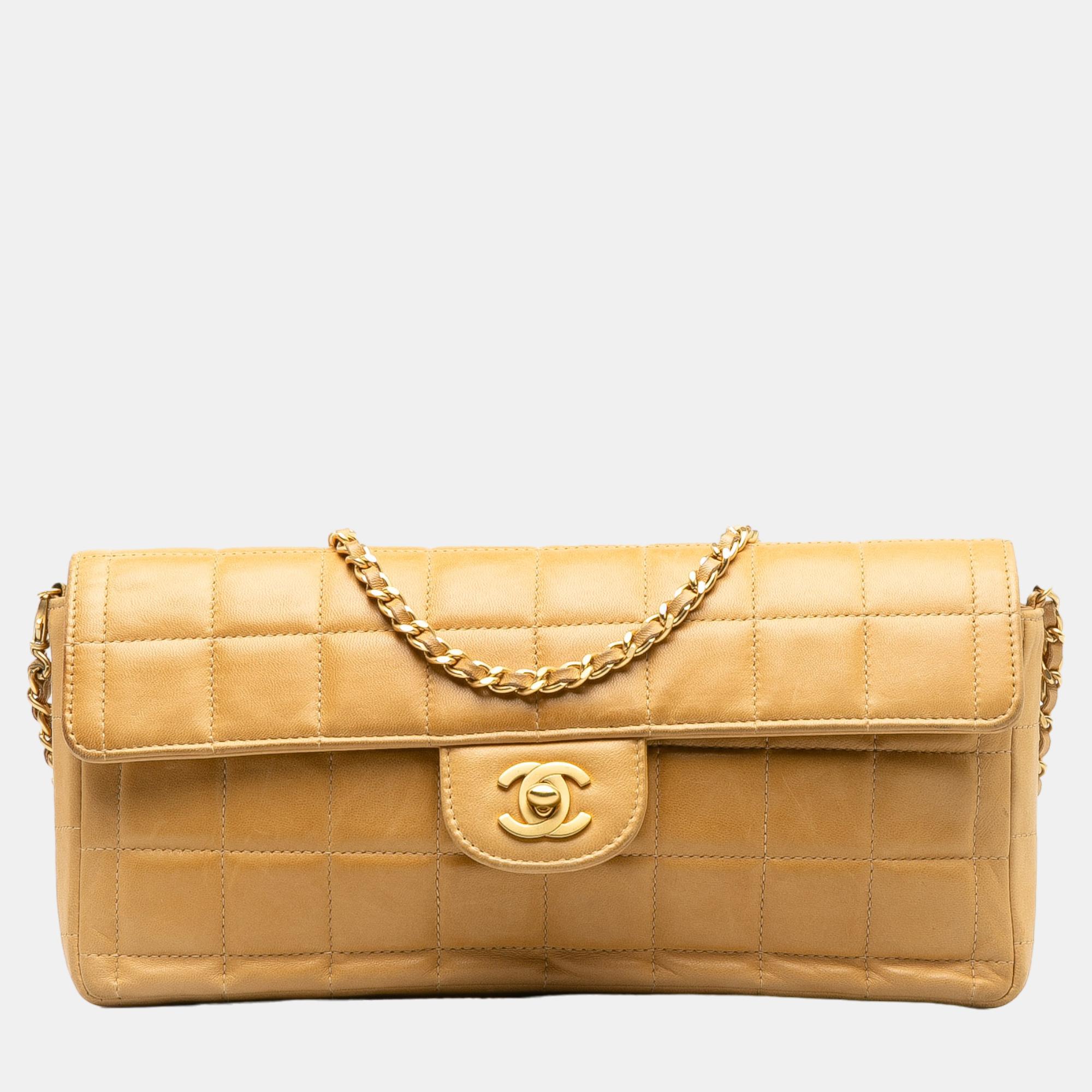 Chanel beige/brown choco bar east west flap bag