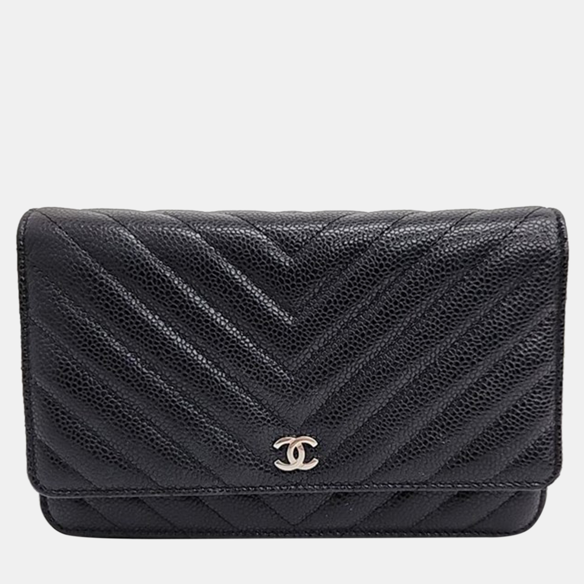 Chanel black caviar leather chevron wallet on chain