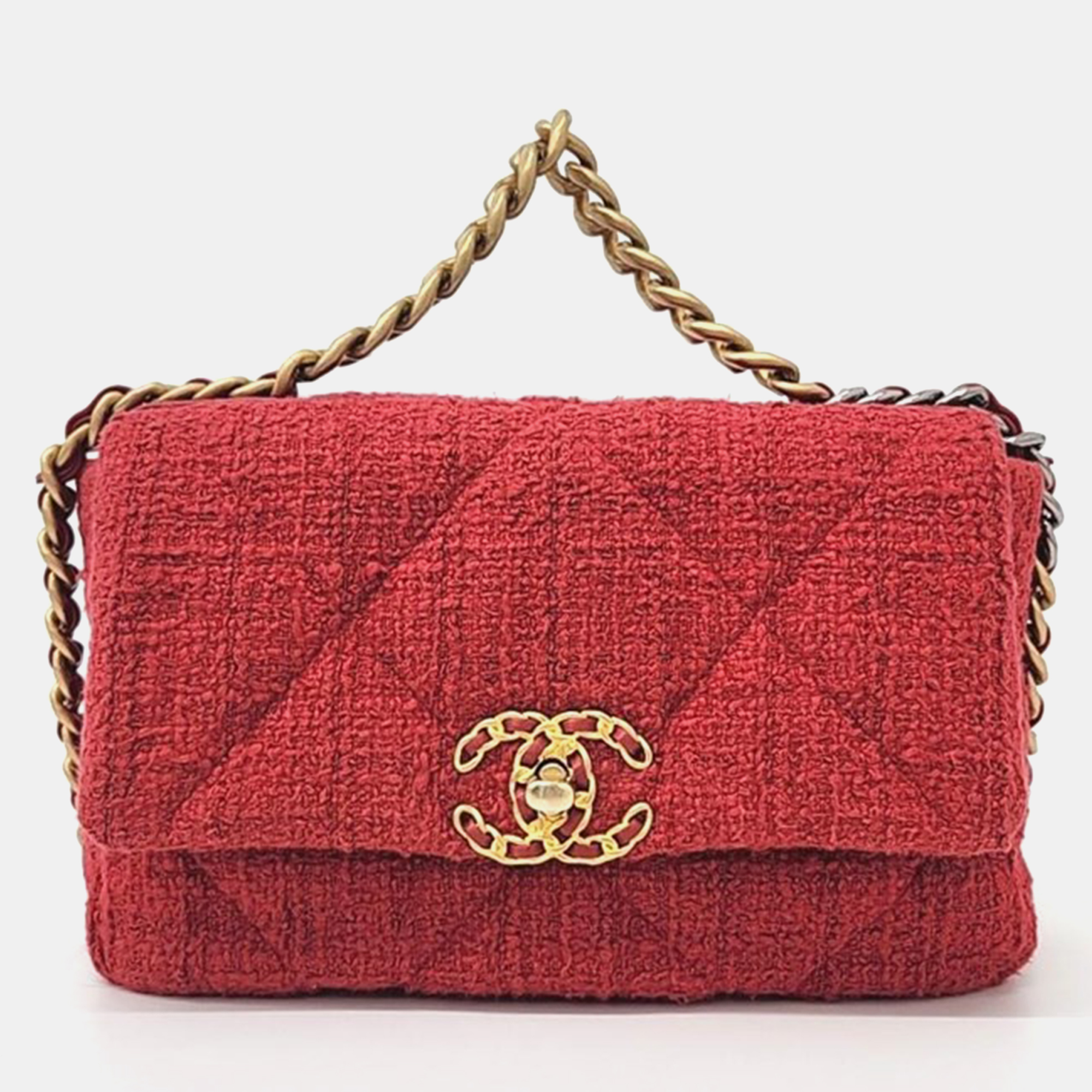 Chanel red tweed 19 small flap bag