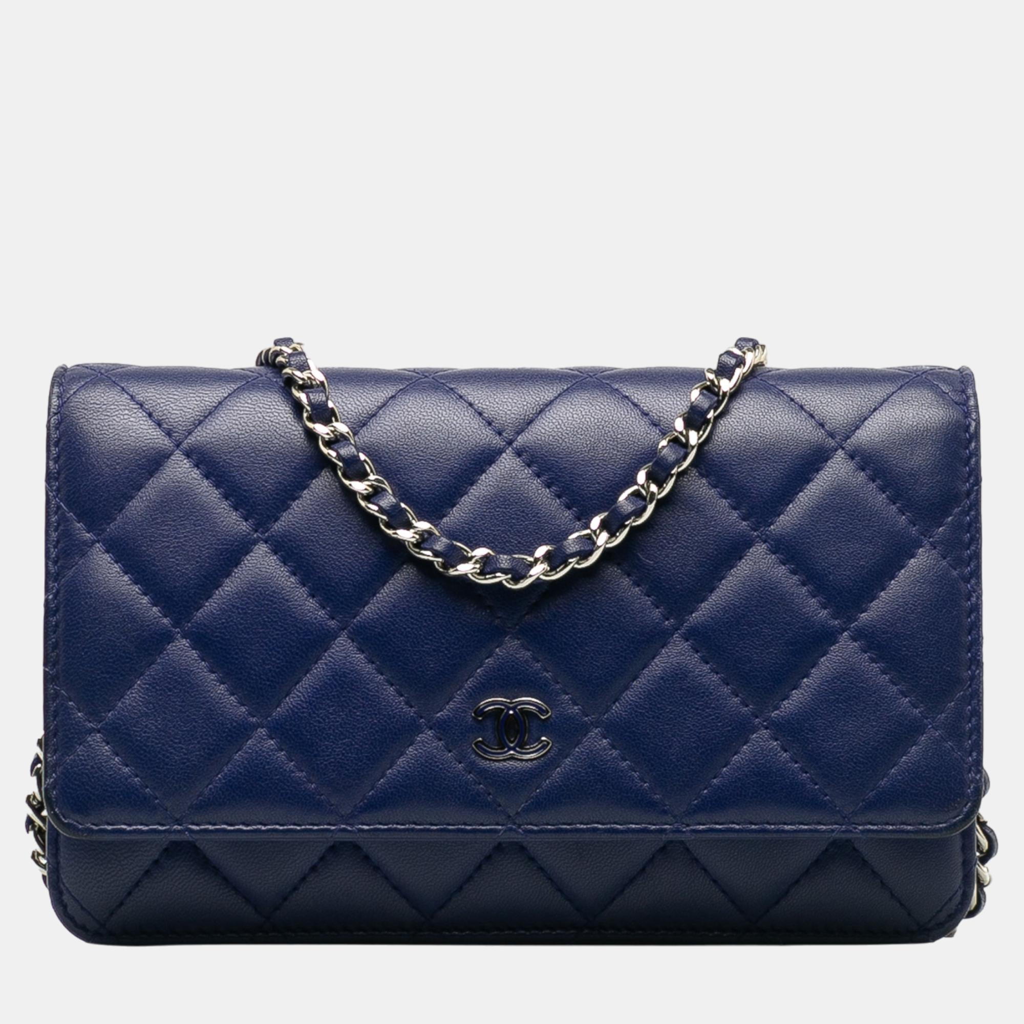 Chanel navy blue classic lambskin wallet on chain