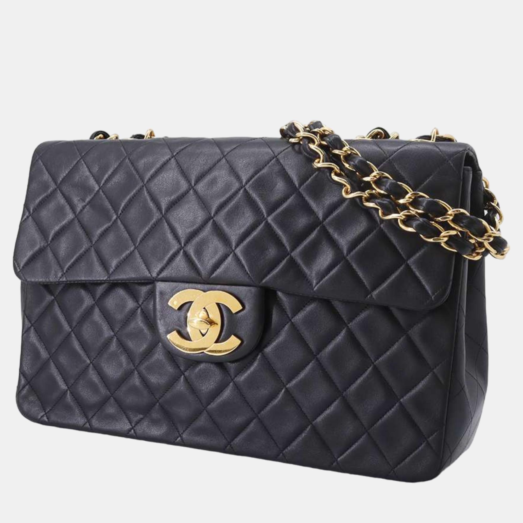 Chanel black lambskin leather classic jumbo flap bag
