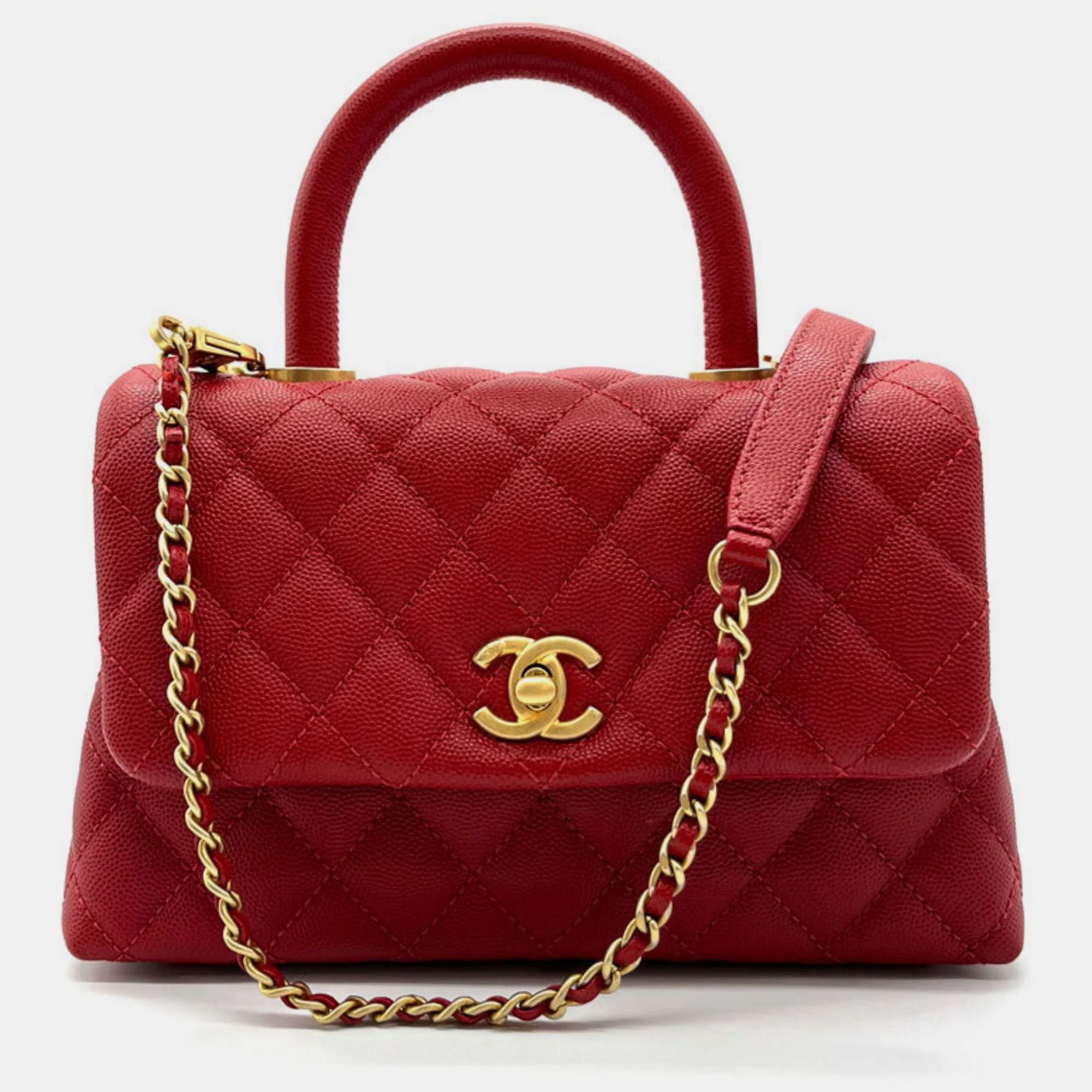 Chanel red leather small coco handle top handle bag