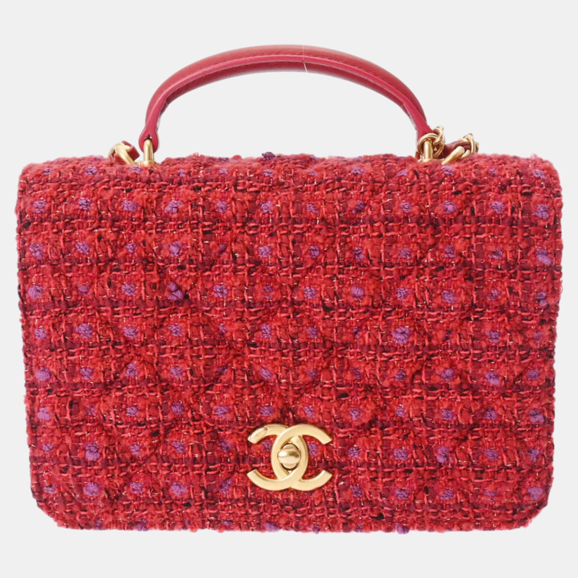 Chanel red tweed and lambskin small cc top handle chain full flap bag