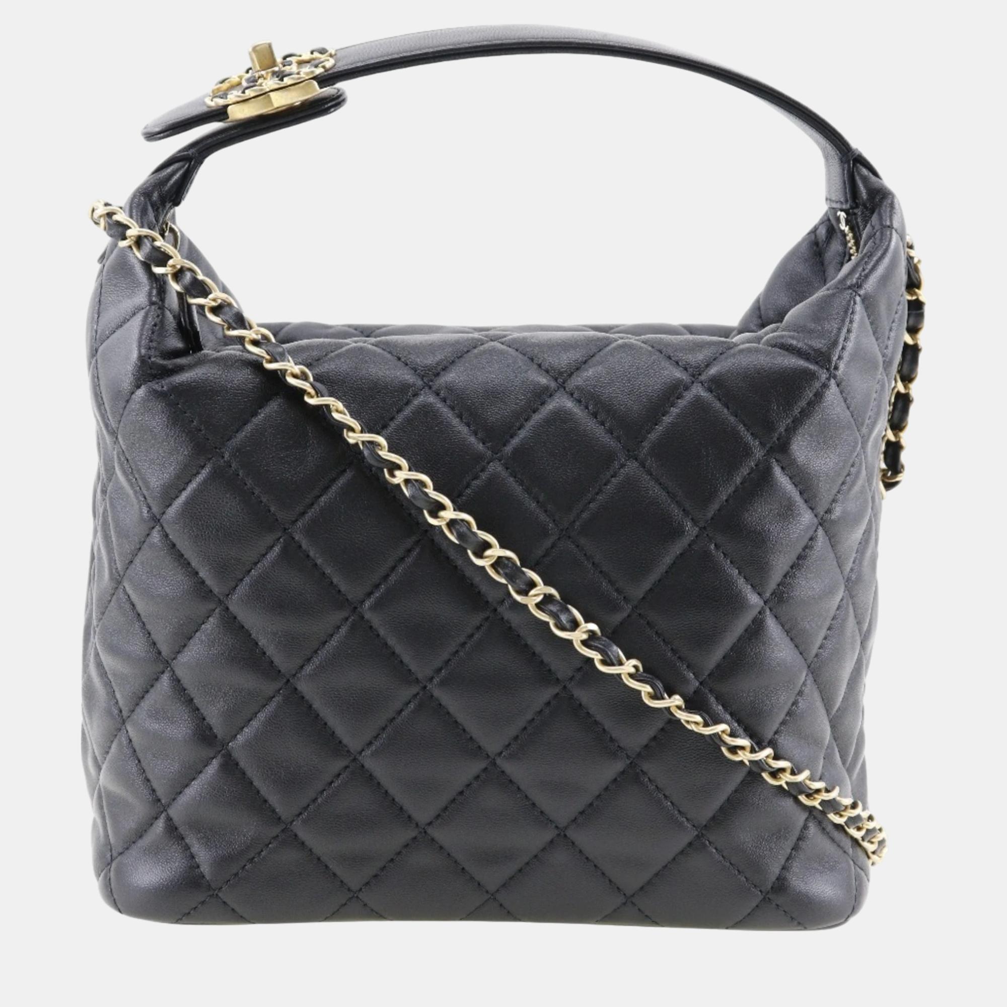 Chanel black quilted lambskin medium perfect meeting hobo