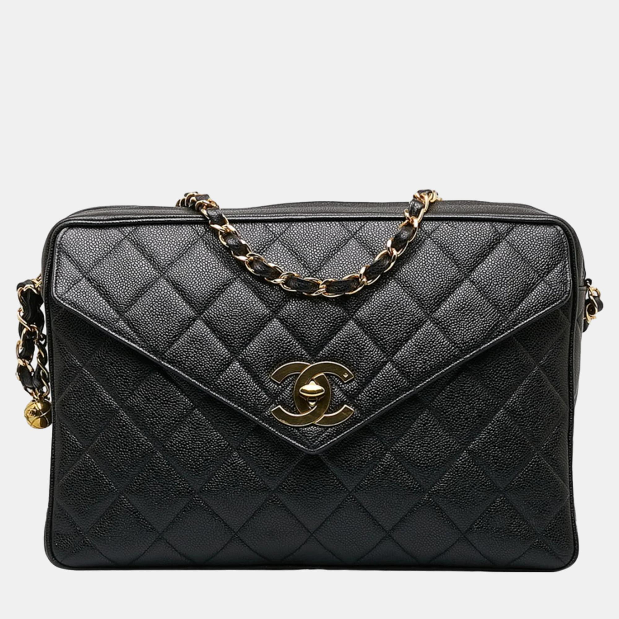Chanel black quilted caviar xl maxi envelop pocket flap camera bag