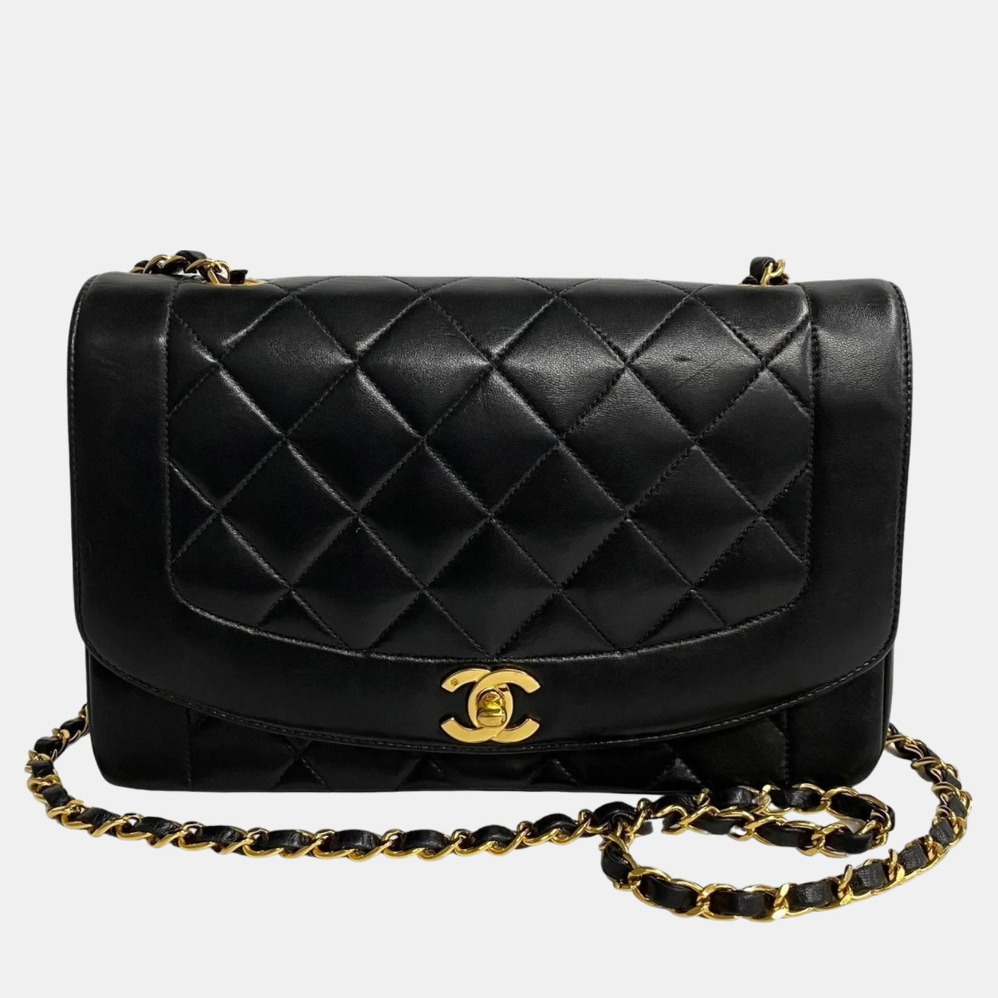 Chanel black lambskin leather medium diana flap shoulder bag