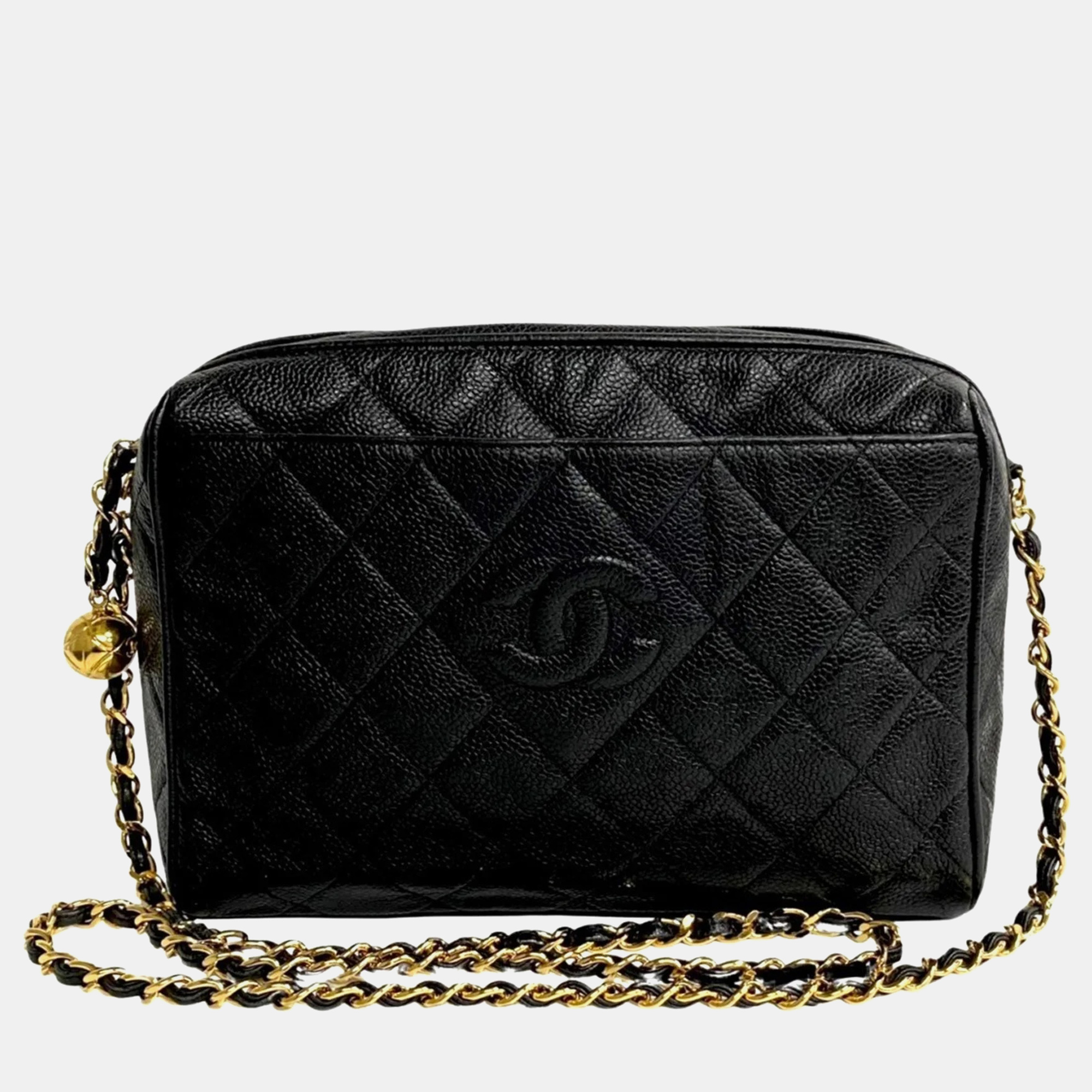 Chanel black quilted caviar medium vintage diamond cc camera shoulder bag