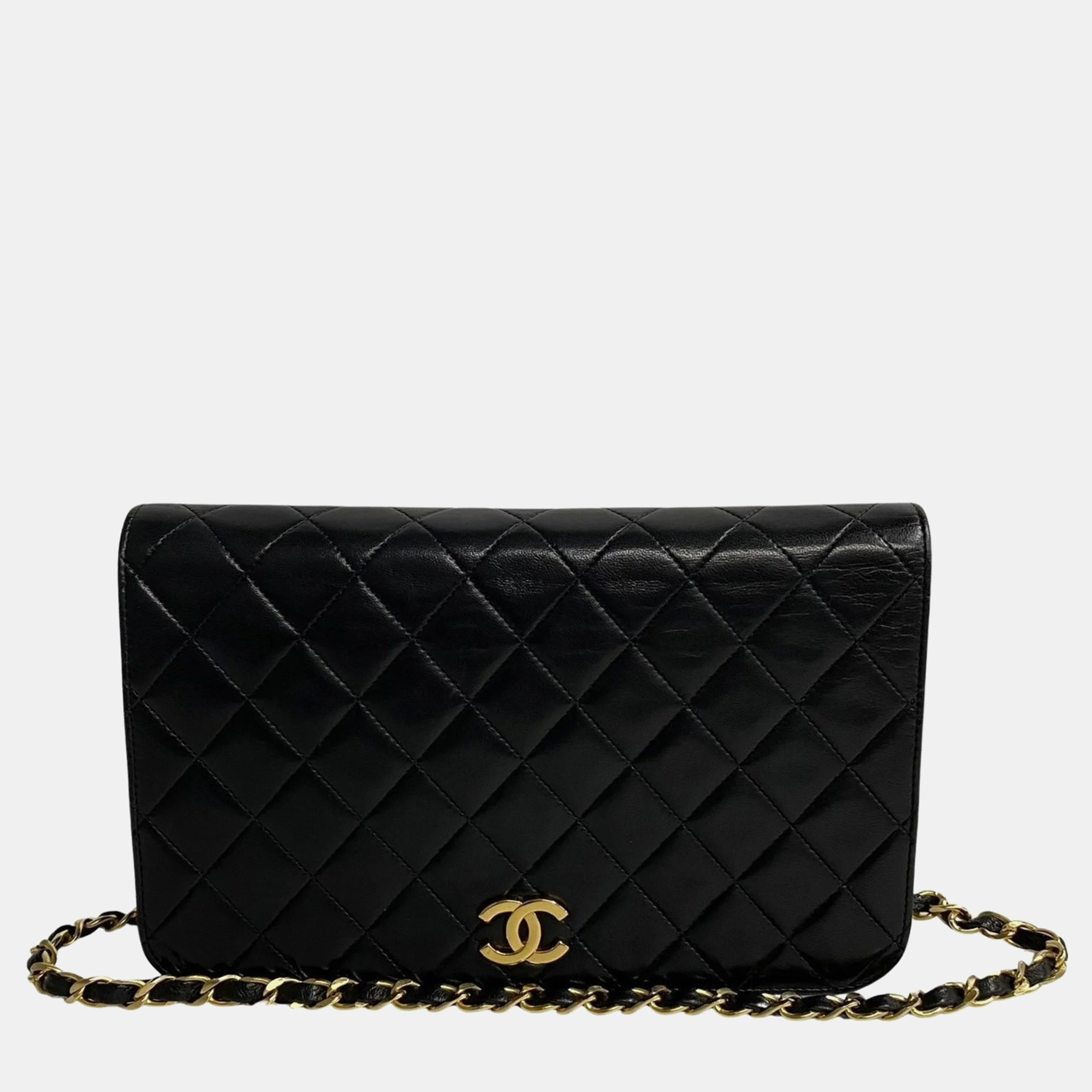 Chanel black quilted lambskin leather flap chain shoulder bag
