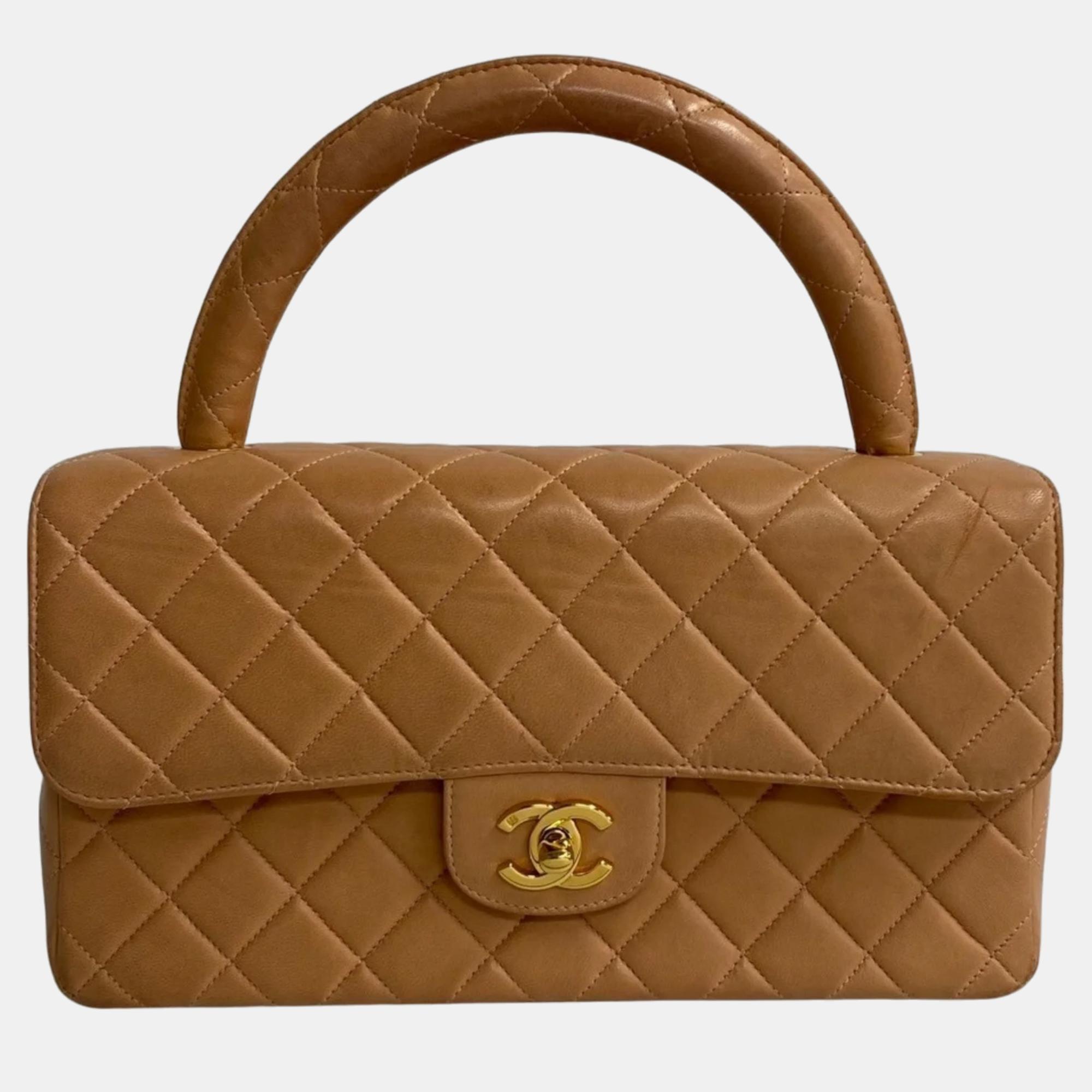 Chanel brown leather cc matelasse top handle bag