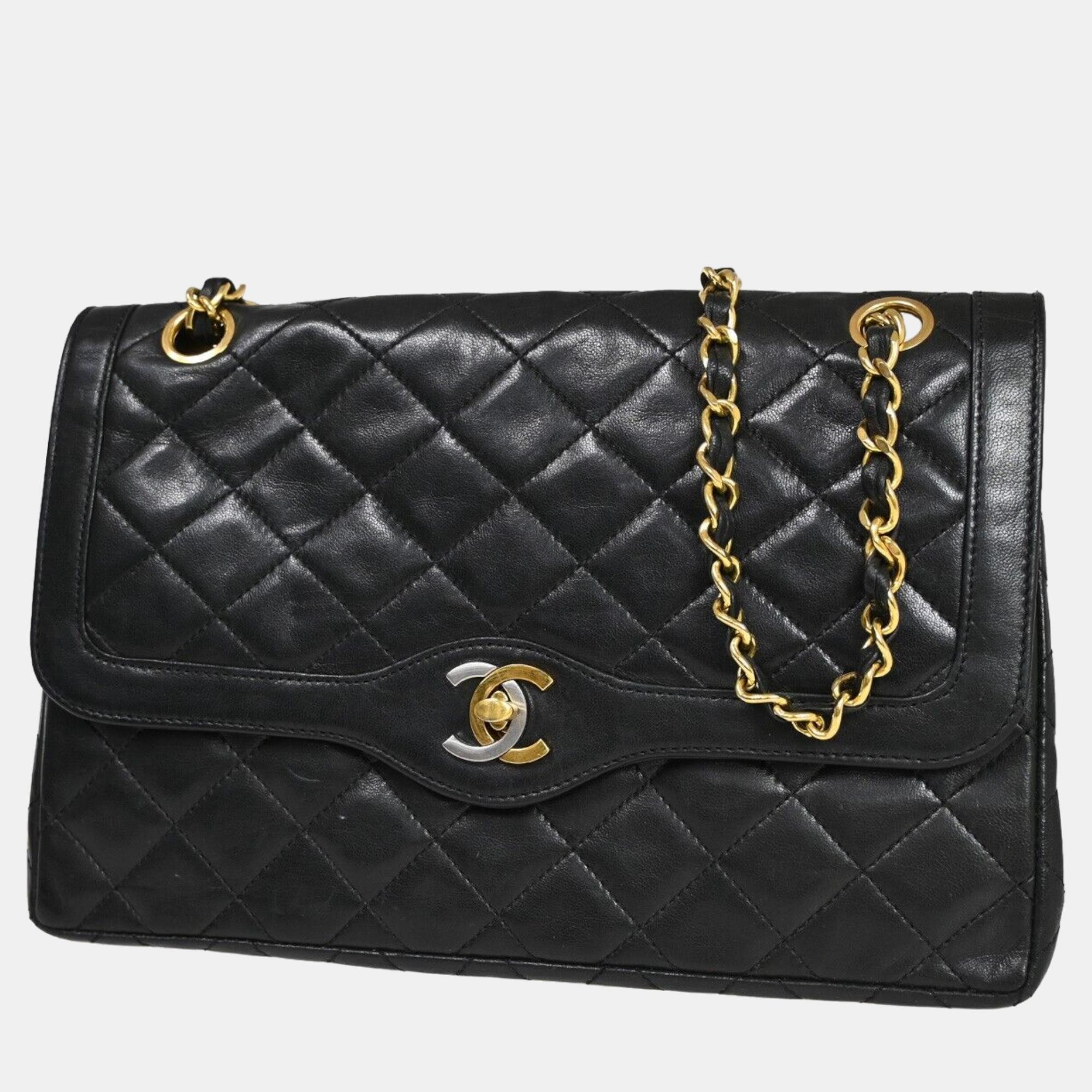 Chanel black leather paris double flap shoulder bag