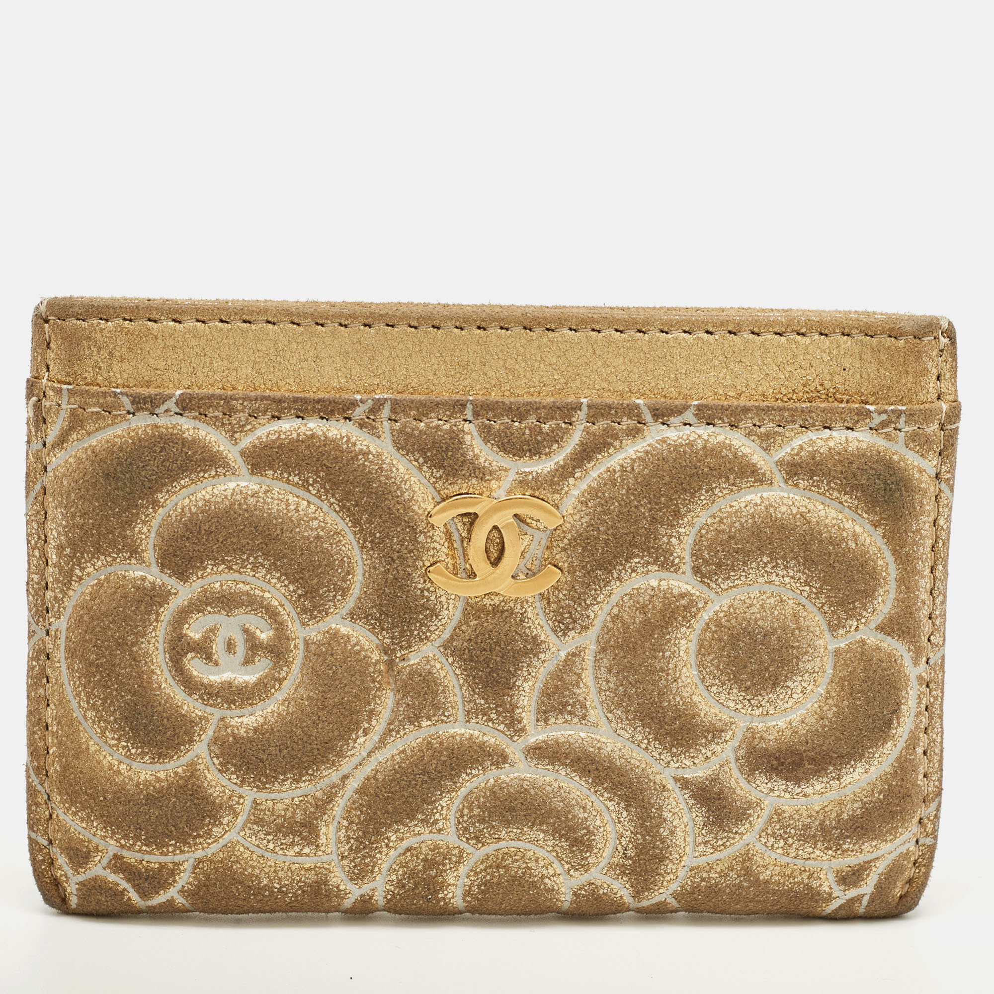 Chanel gold suede camellia embossed classic card holder