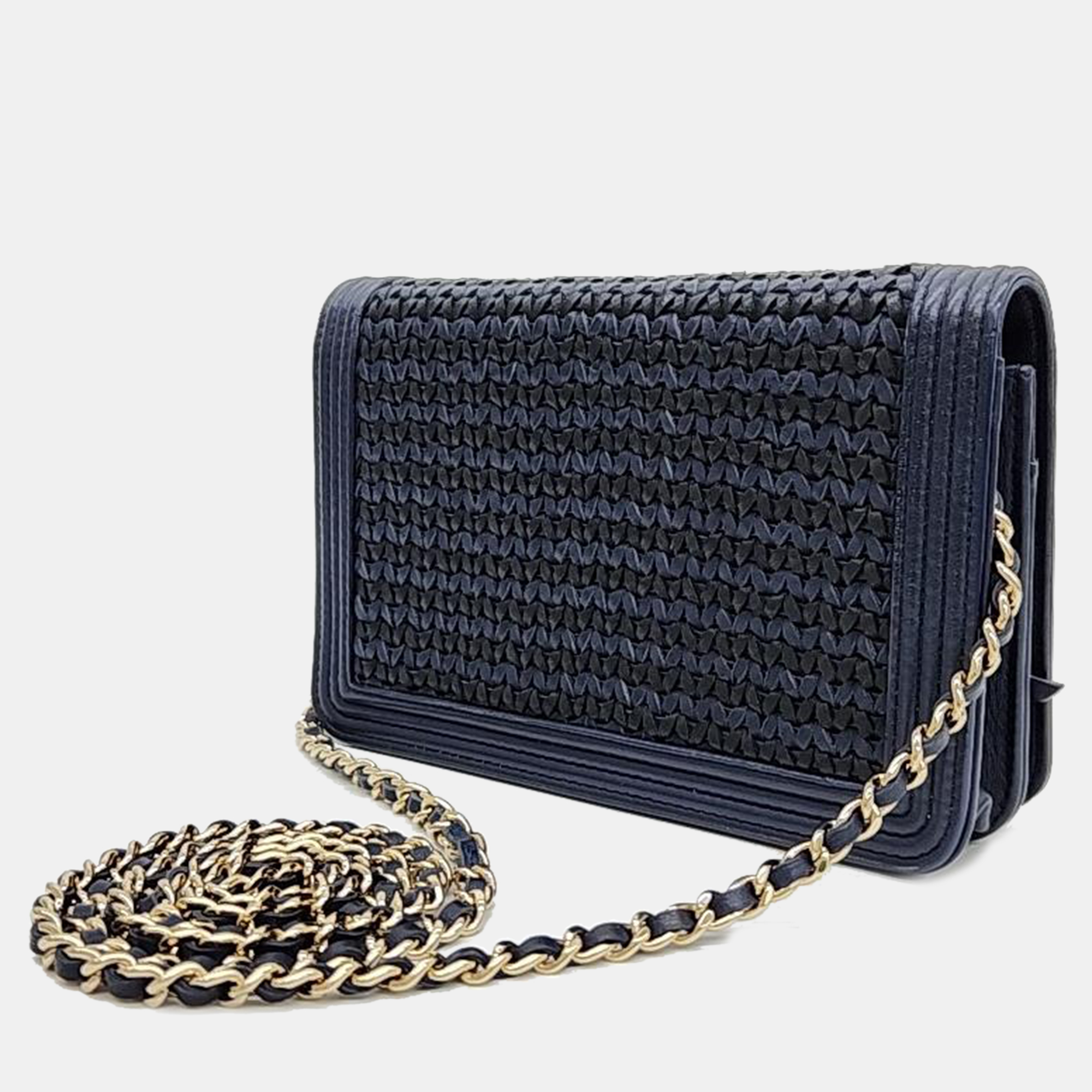 Chanel Blue/Gold Woven Leather New Boy Wallet On Chain