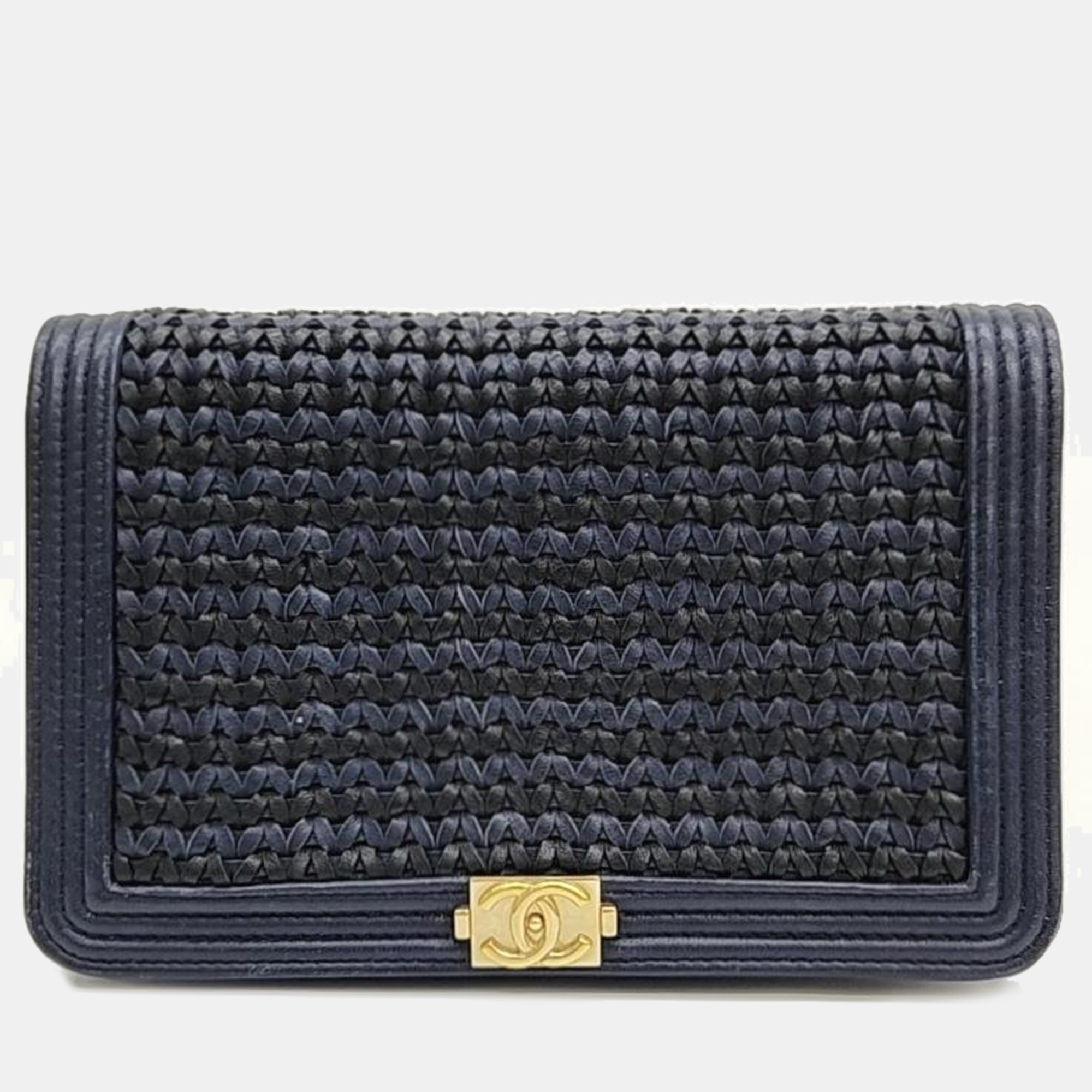 Chanel blue/gold woven leather new boy wallet on chain