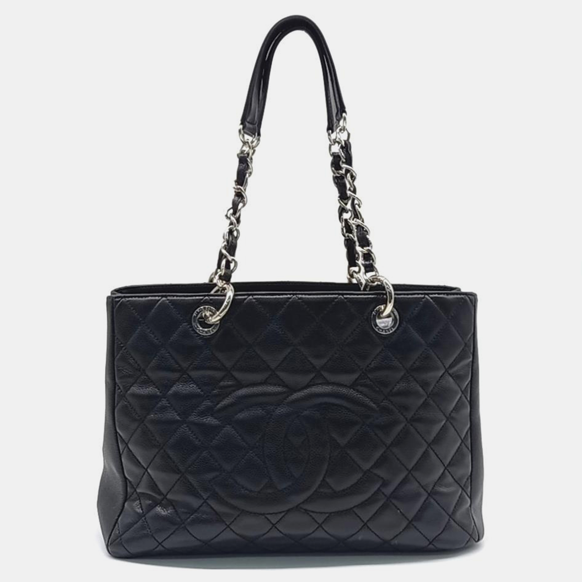 Chanel black caviar leather grand shopping tote bag