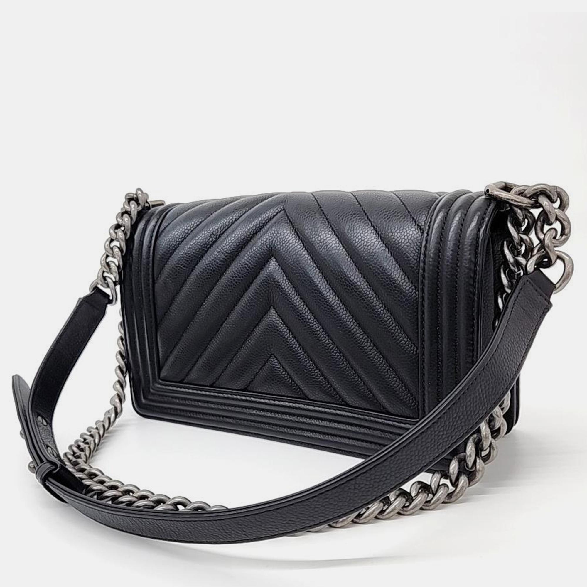 Chanel Black Caviar Chevron Boy Medium Bag