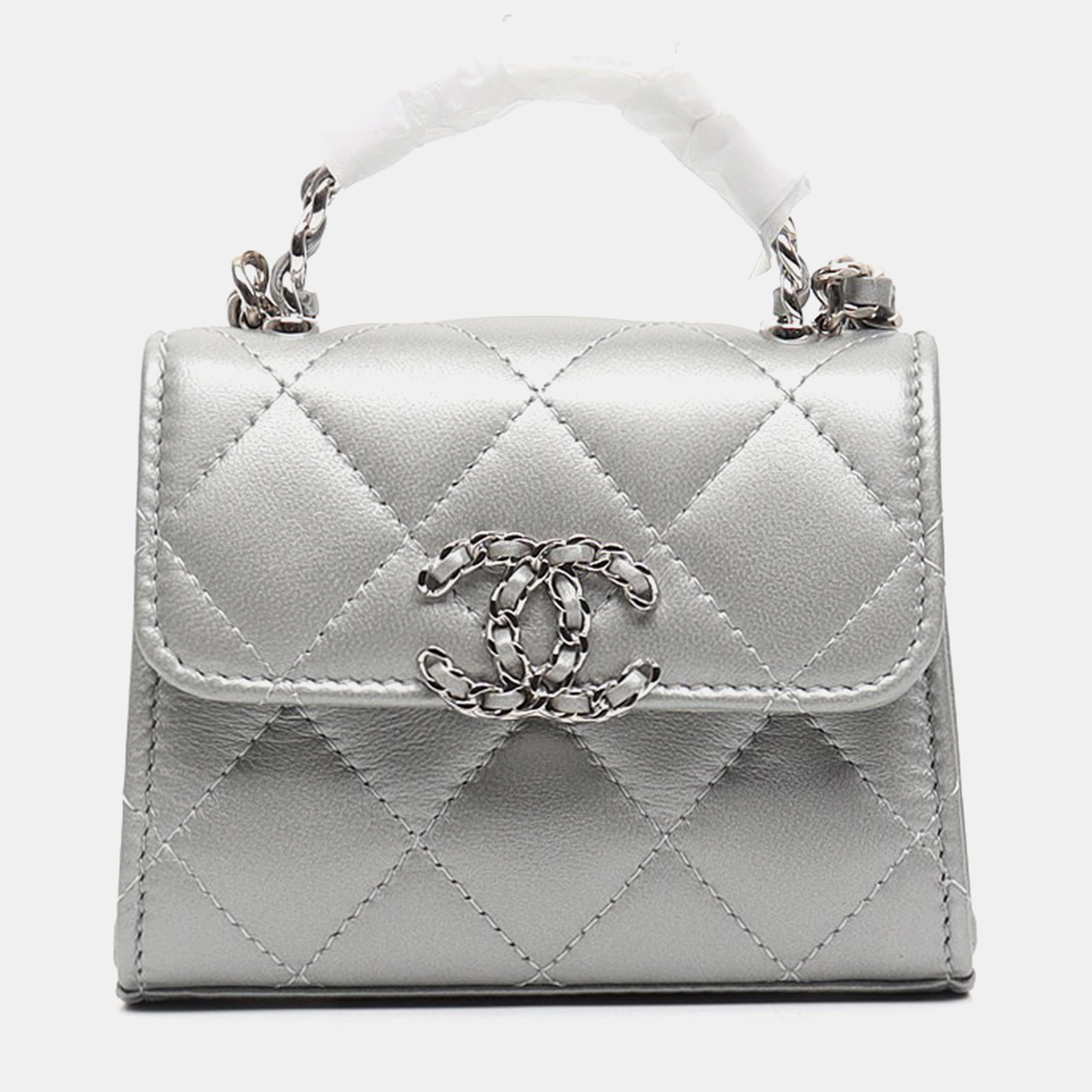 Chanel grey lambskin leather top handle mini crossbody bag