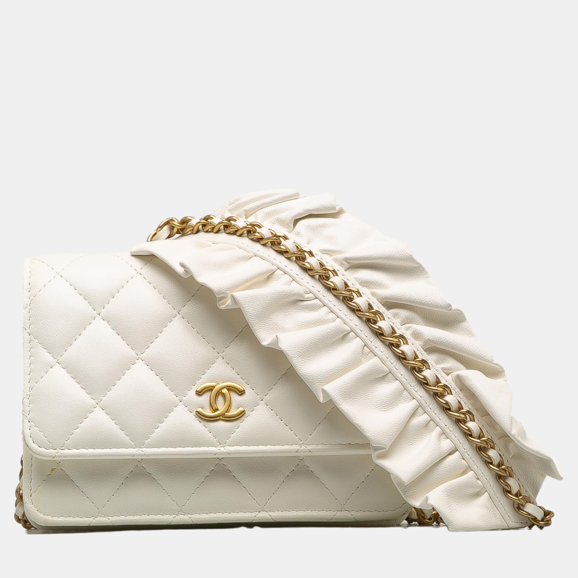 Chanel white romance lambskin wallet on chain