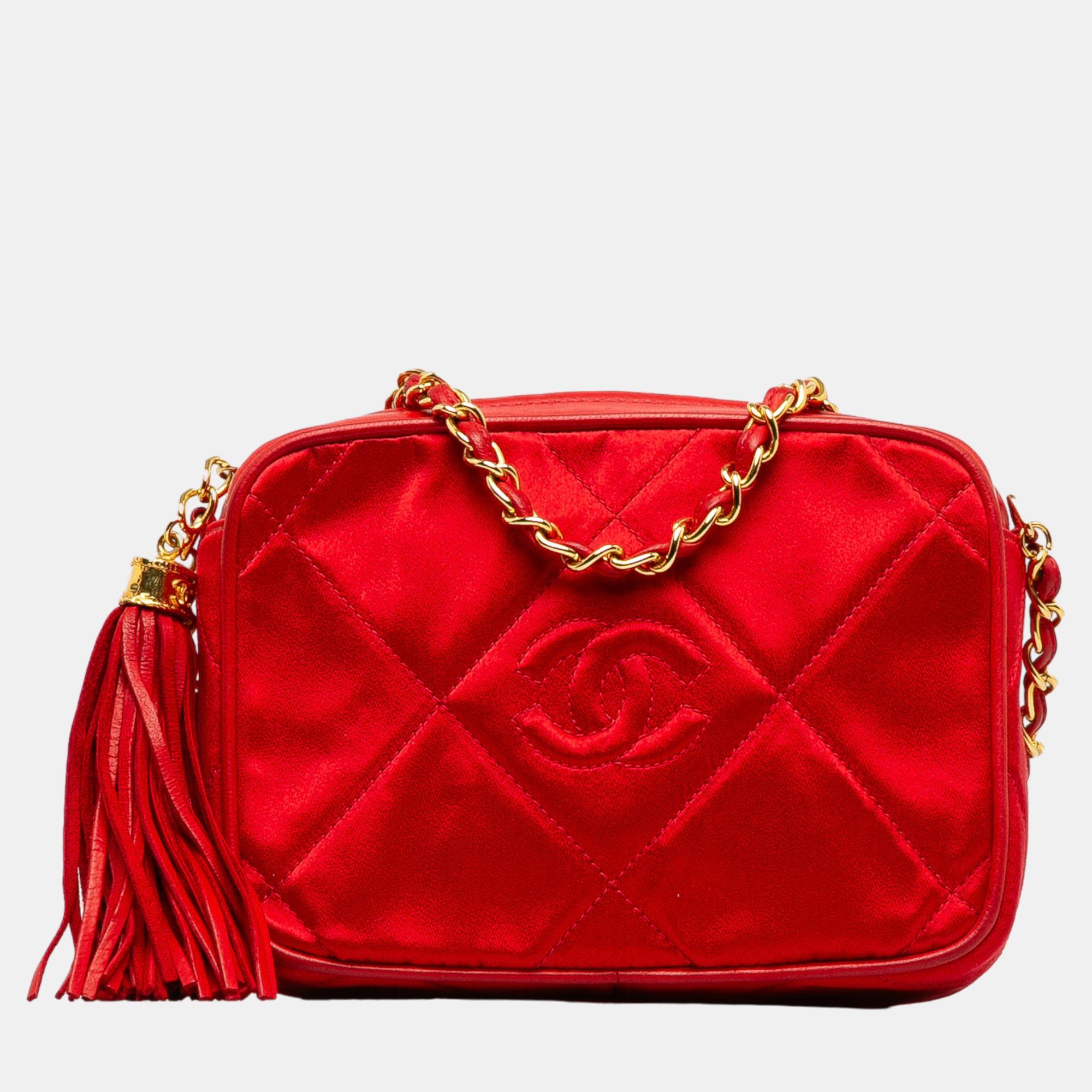 Chanel red cc satin chain crossbody bag