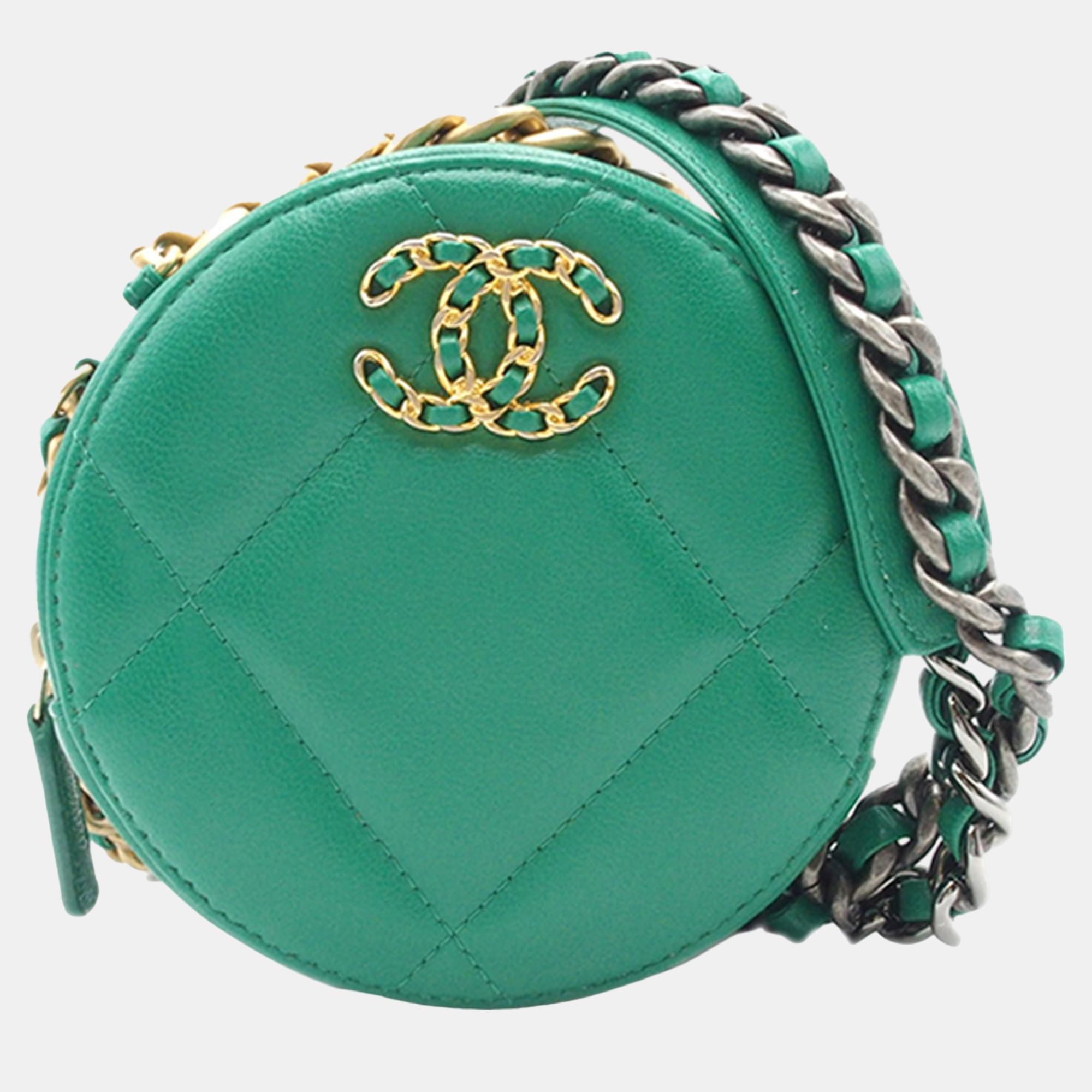 Chanel green 19 round lambskin clutch with chain