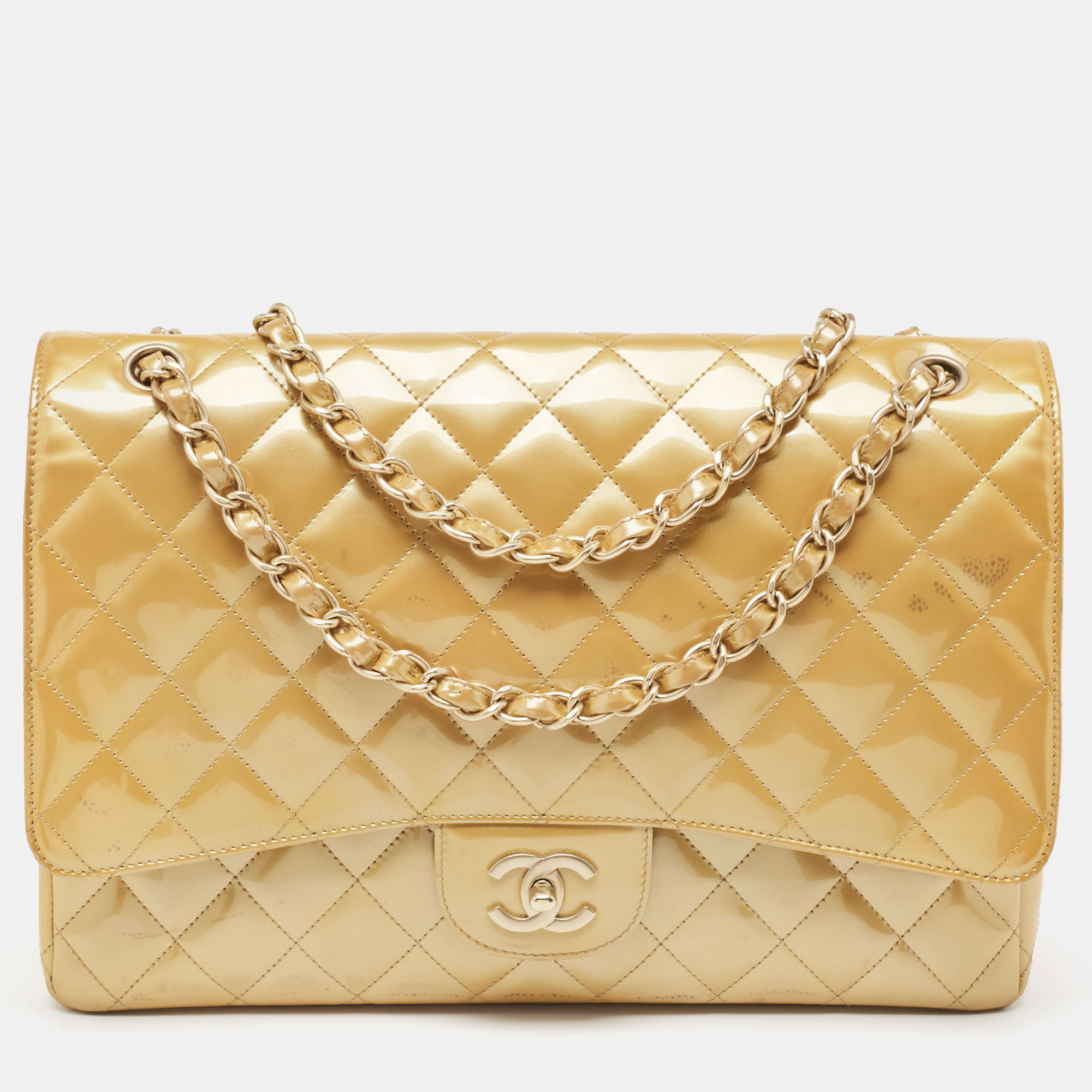 Chanel cream quilted patent leather maxi classic single flap bag