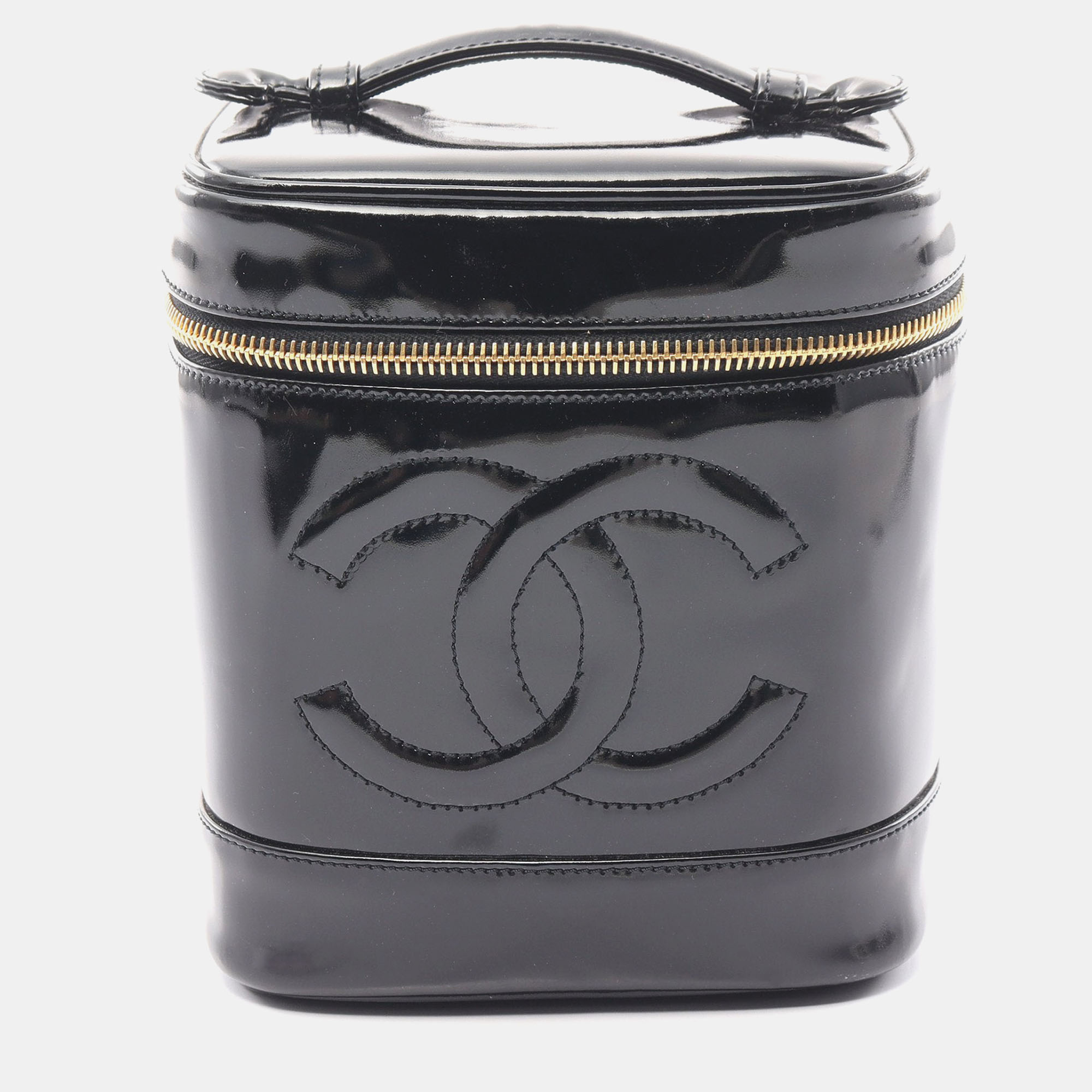 Chanel coco mark handbag vanity bag patent leather black gold hardware
