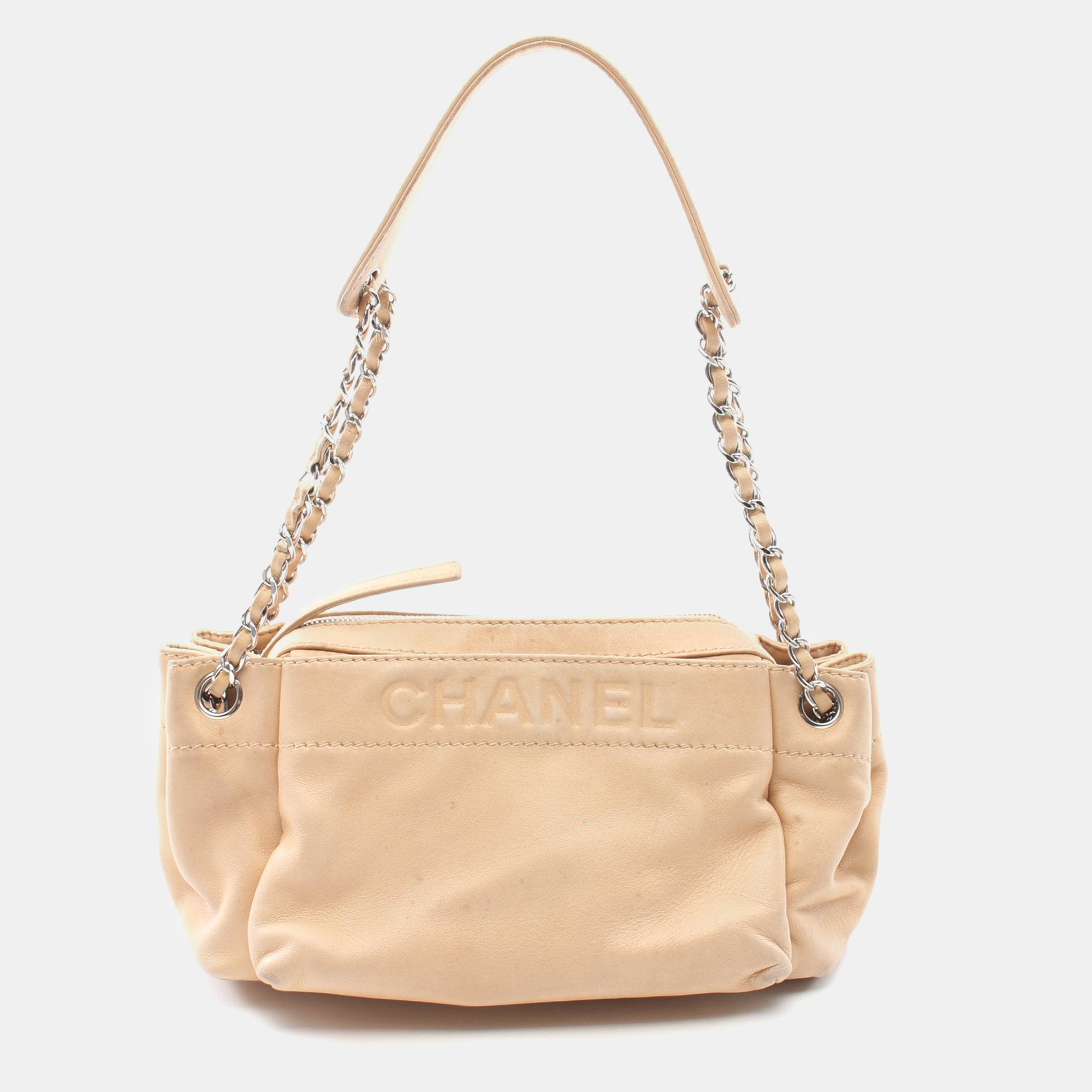 Chanel chain shoulder bag logo calf sv chain shoulder bag lambskin beige silver hardware logo