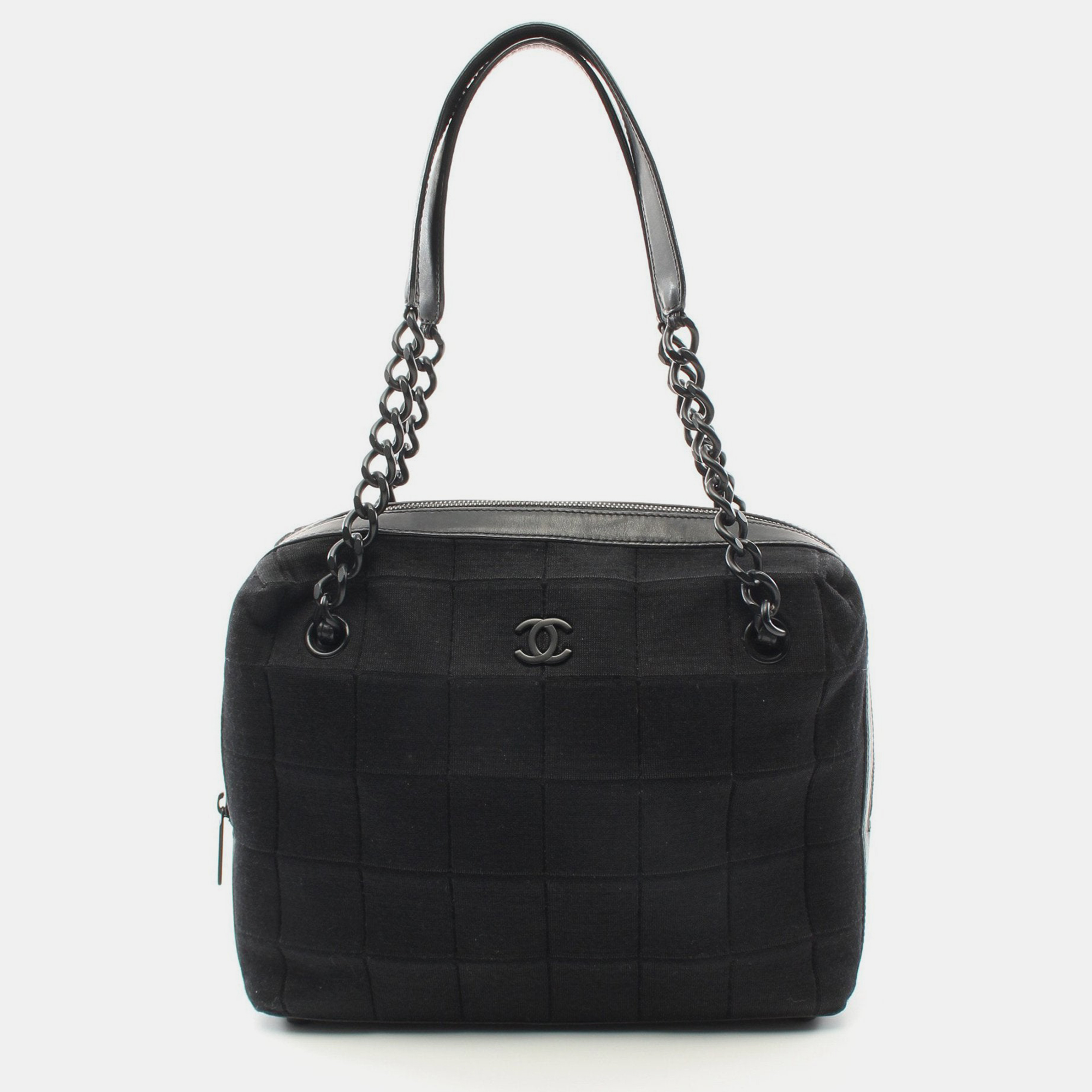 Chanel chocolate bar chain shoulder bag cotton jersey leather black black hardware