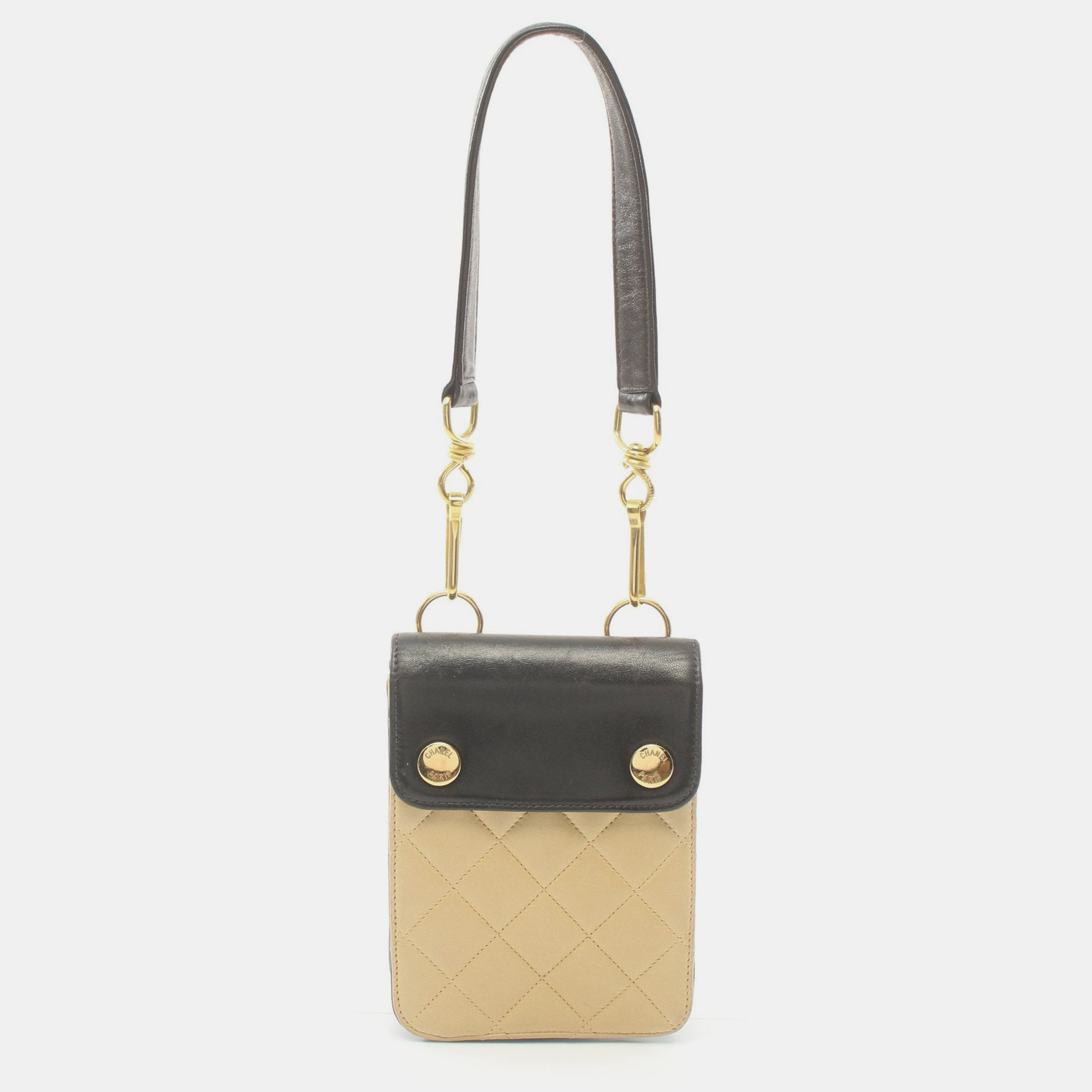 Chanel pochette handbag lambskin beige black gold hardware