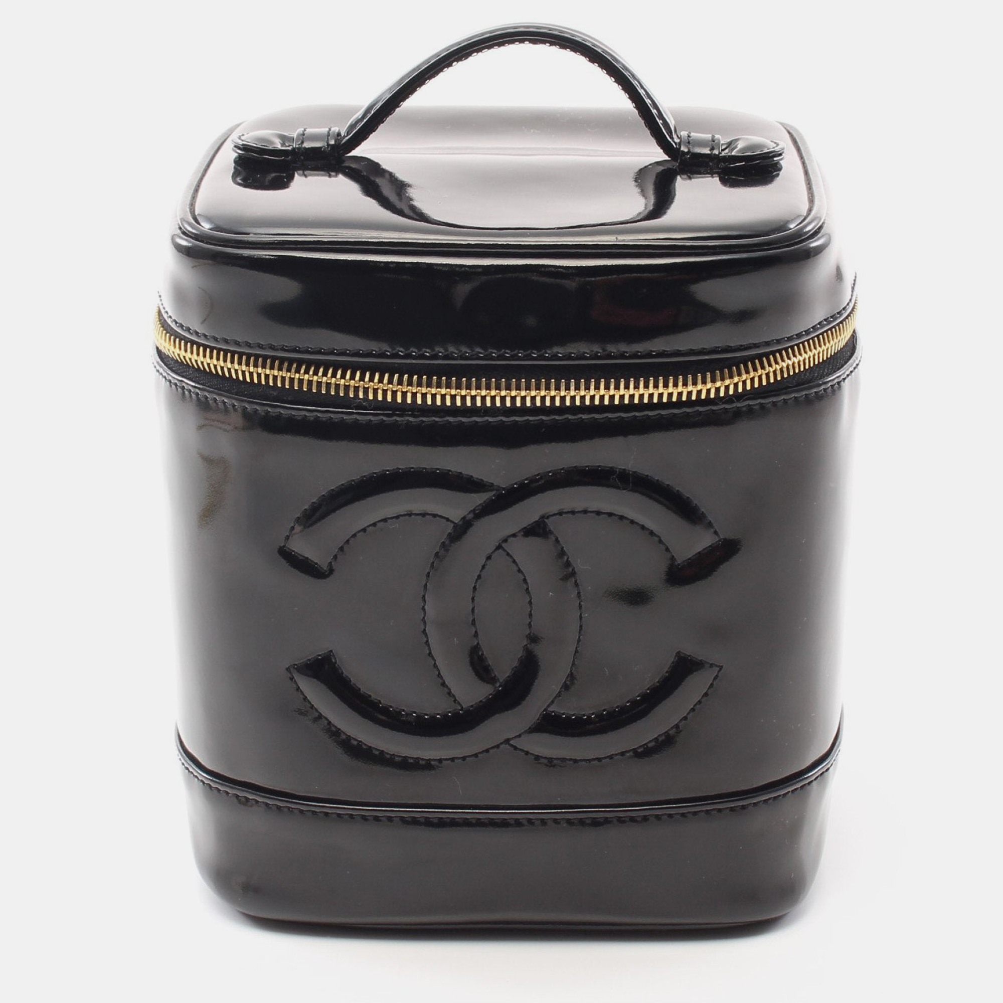 Chanel coco mark handbag vanity bag patent leather black gold hardware