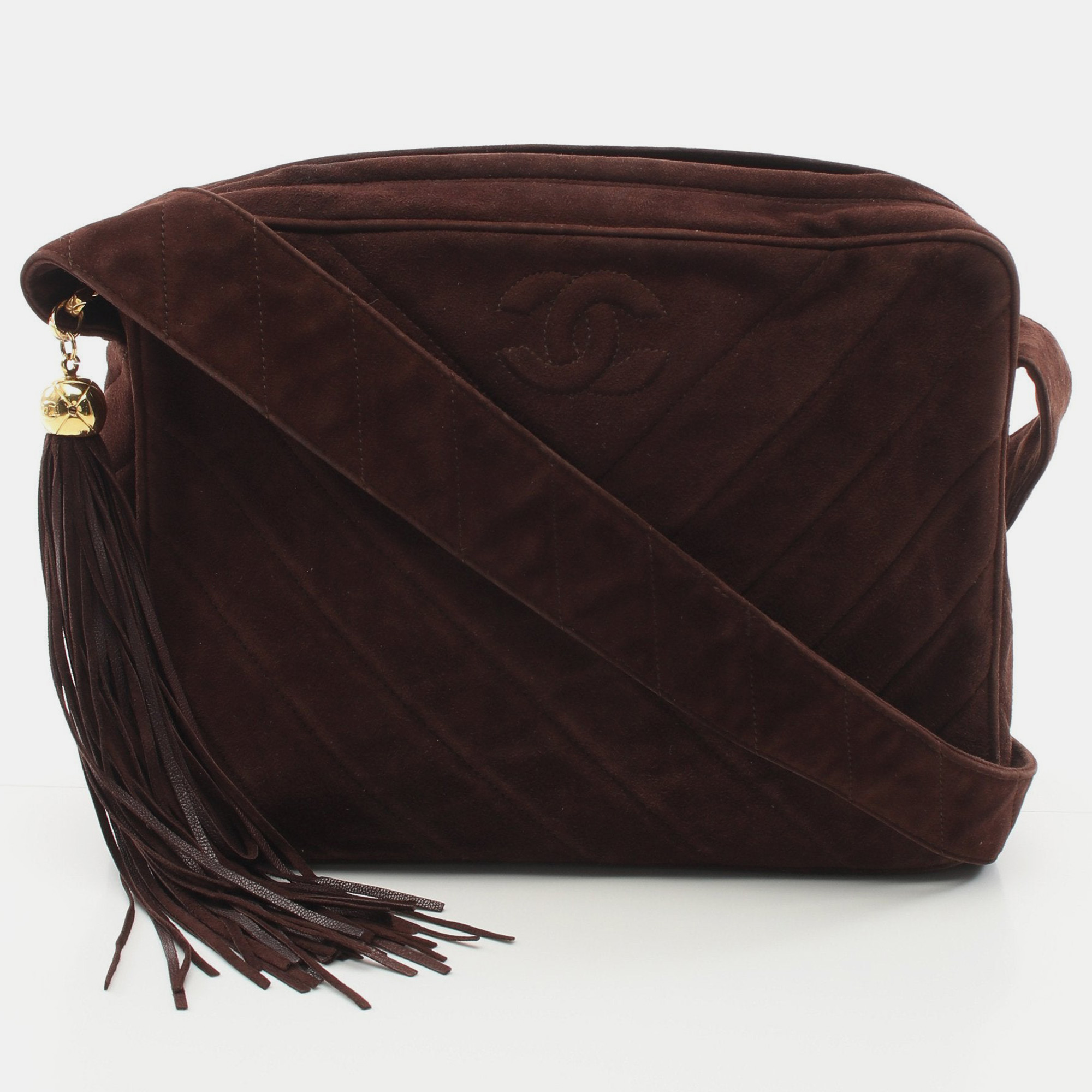 Chanel chevron v-stitch shoulder bag suede dark brown gold hardware