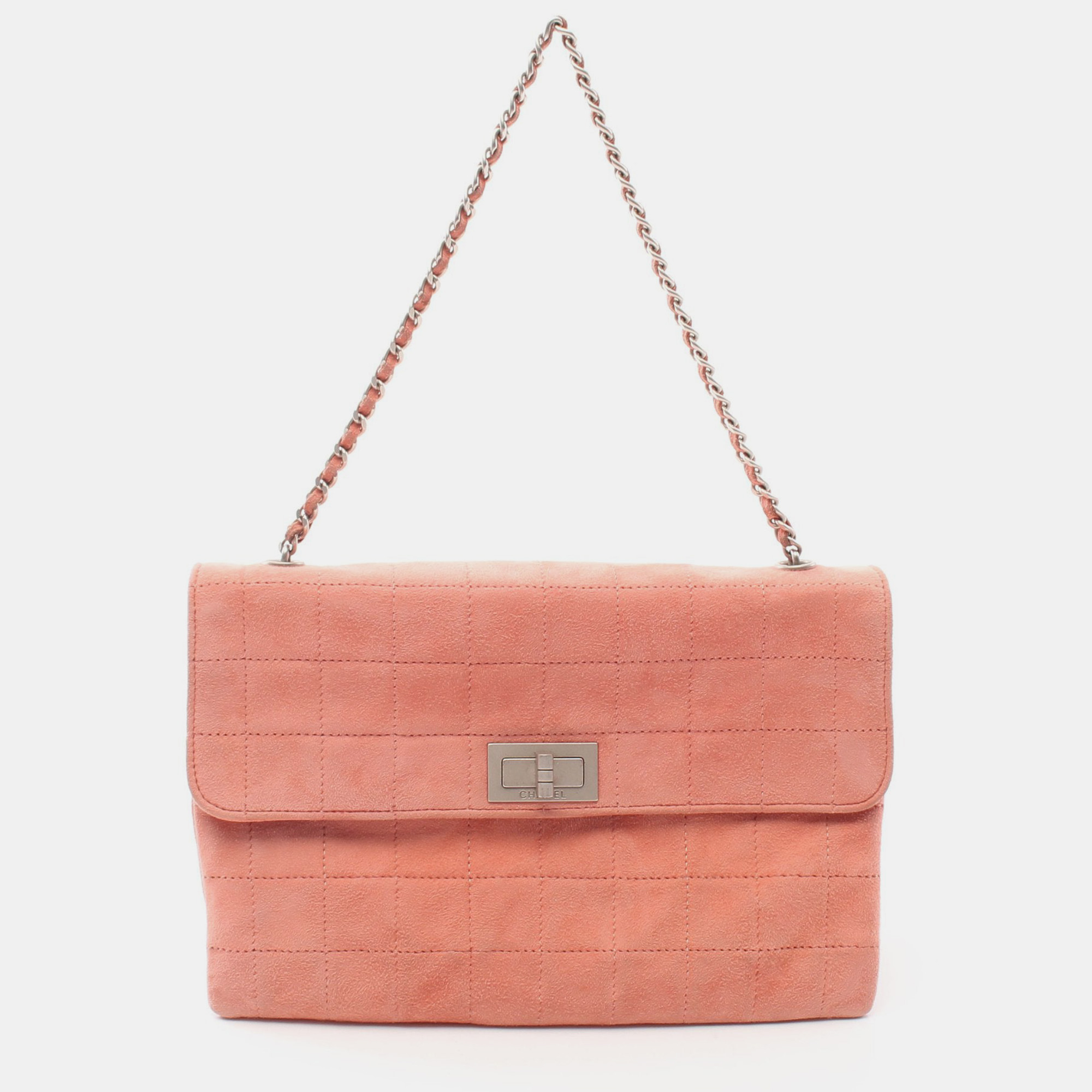 Chanel 2.55 chocolate bar chain handbag suede coral pink silver hardware