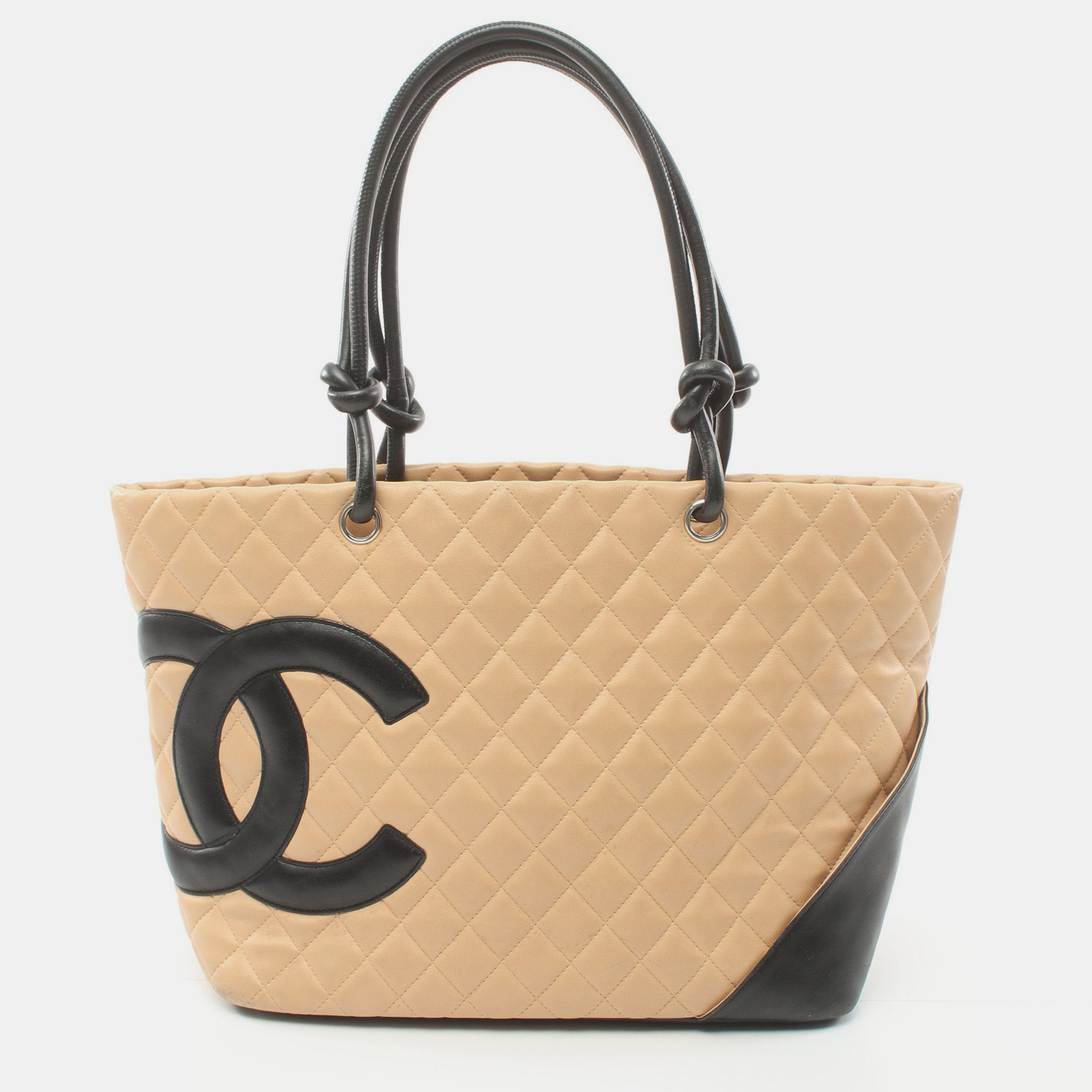 Chanel cambon line large shoulder bag tote bag leather beige black silver hardware