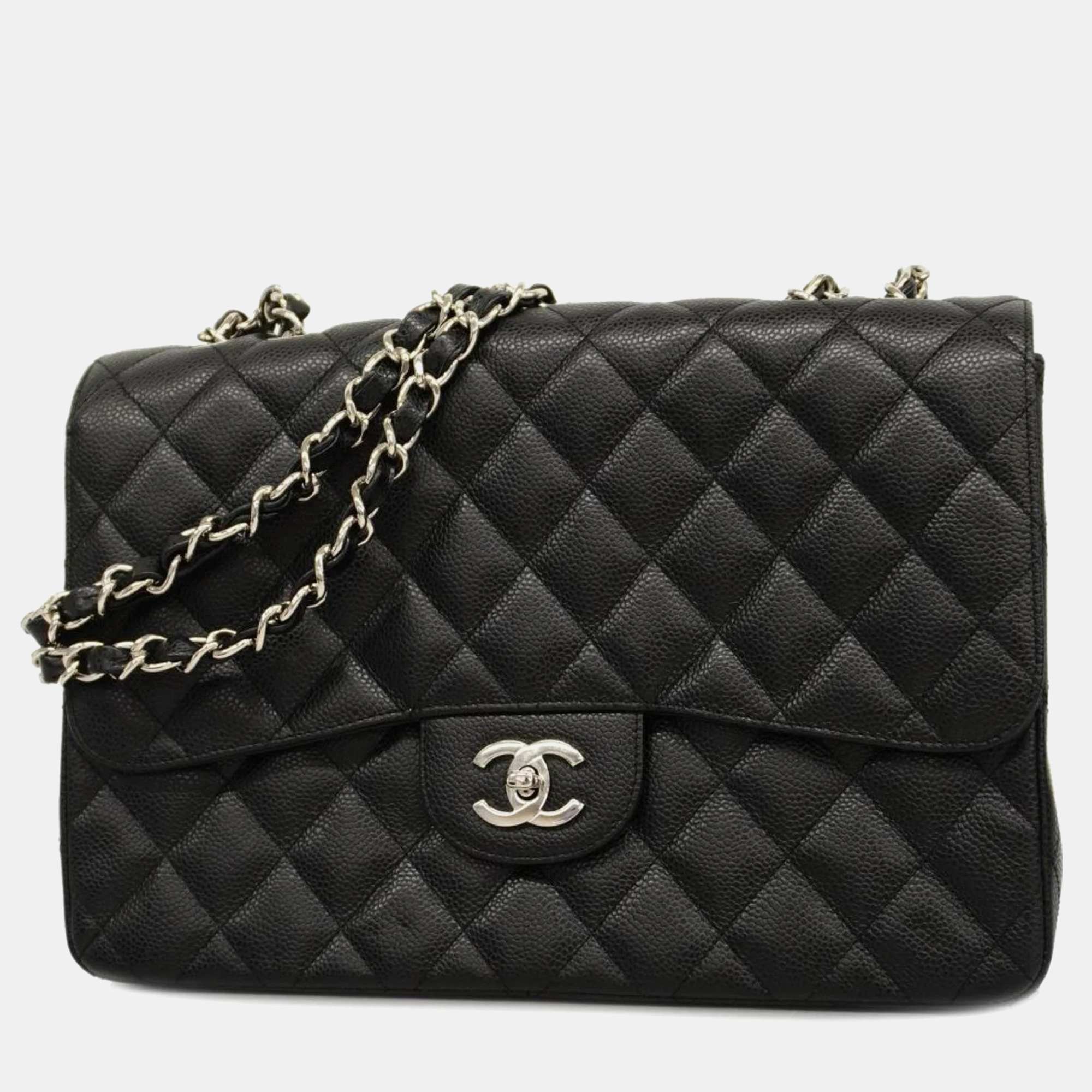 

Chanel Caviar Leather Jumbo Classic Double Flap Shoulder Bags, Black