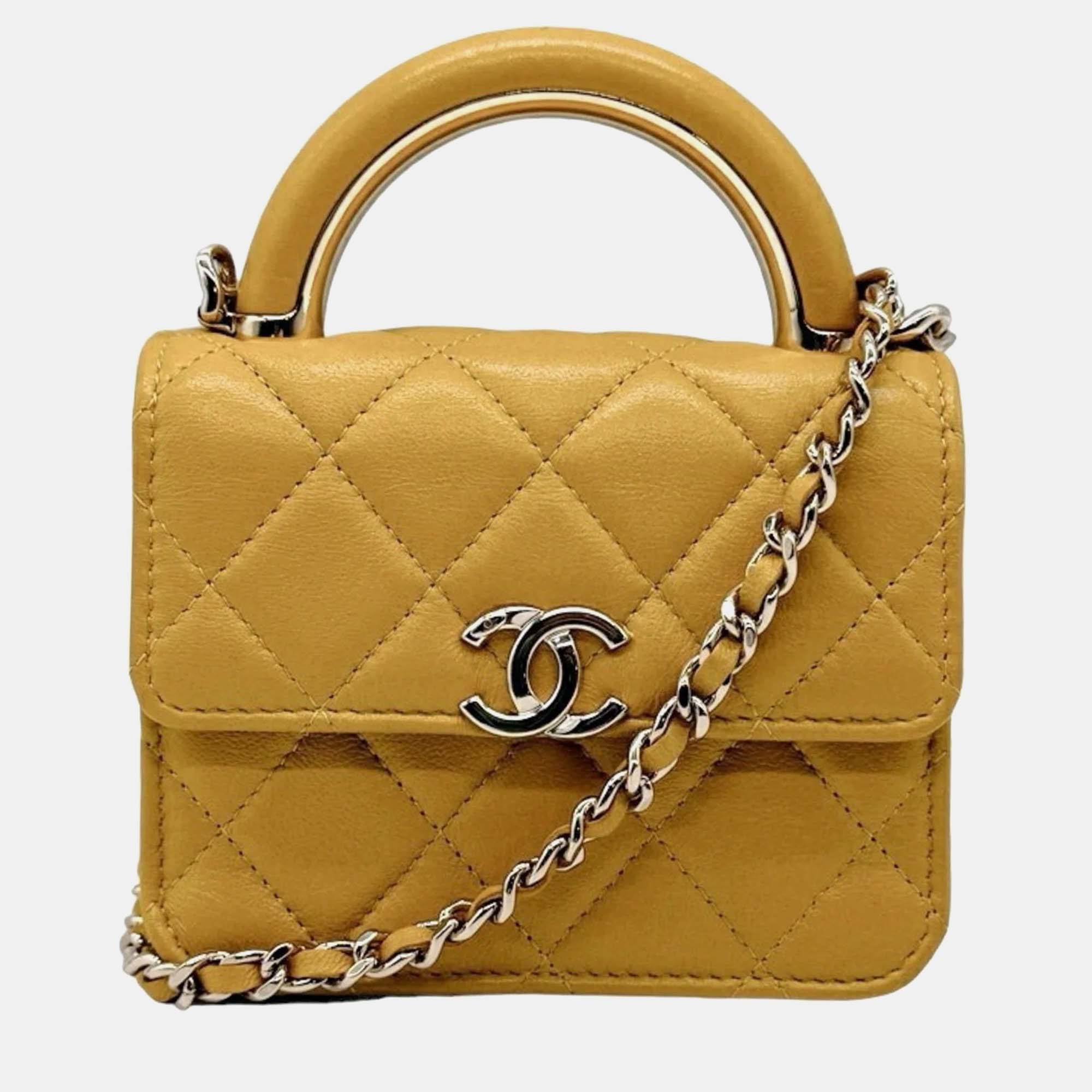 Chanel yellow quilted lambskin mini charming handle flap clutch with chain