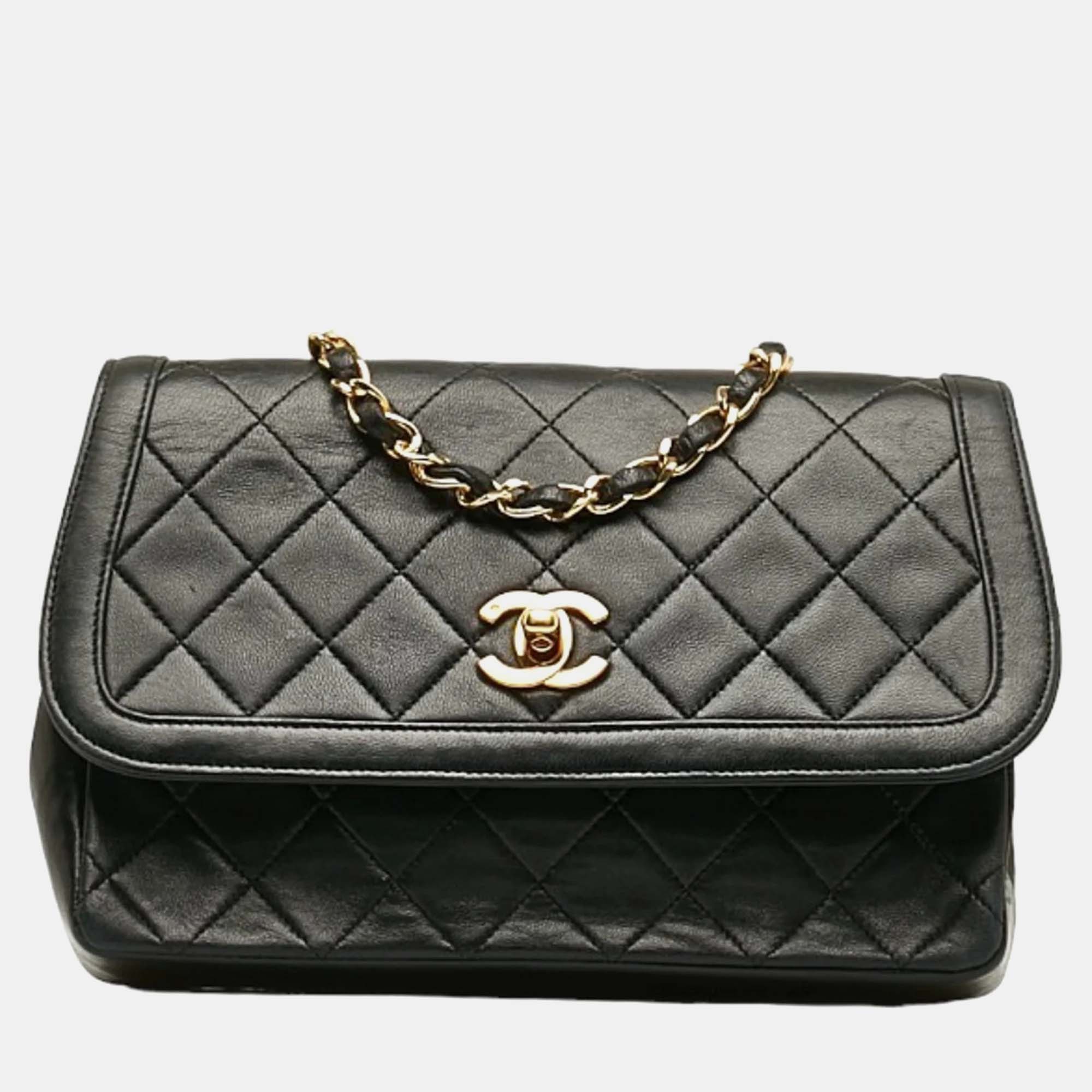 Chanel black quilted lambskin medium vintage flap bag